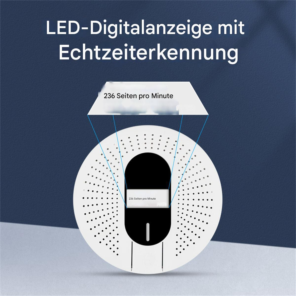 Weißes kreisförmiges Gerät mit Anzeige, die 236 Seiten pro Minute zeigt. Blauer Hintergrund.