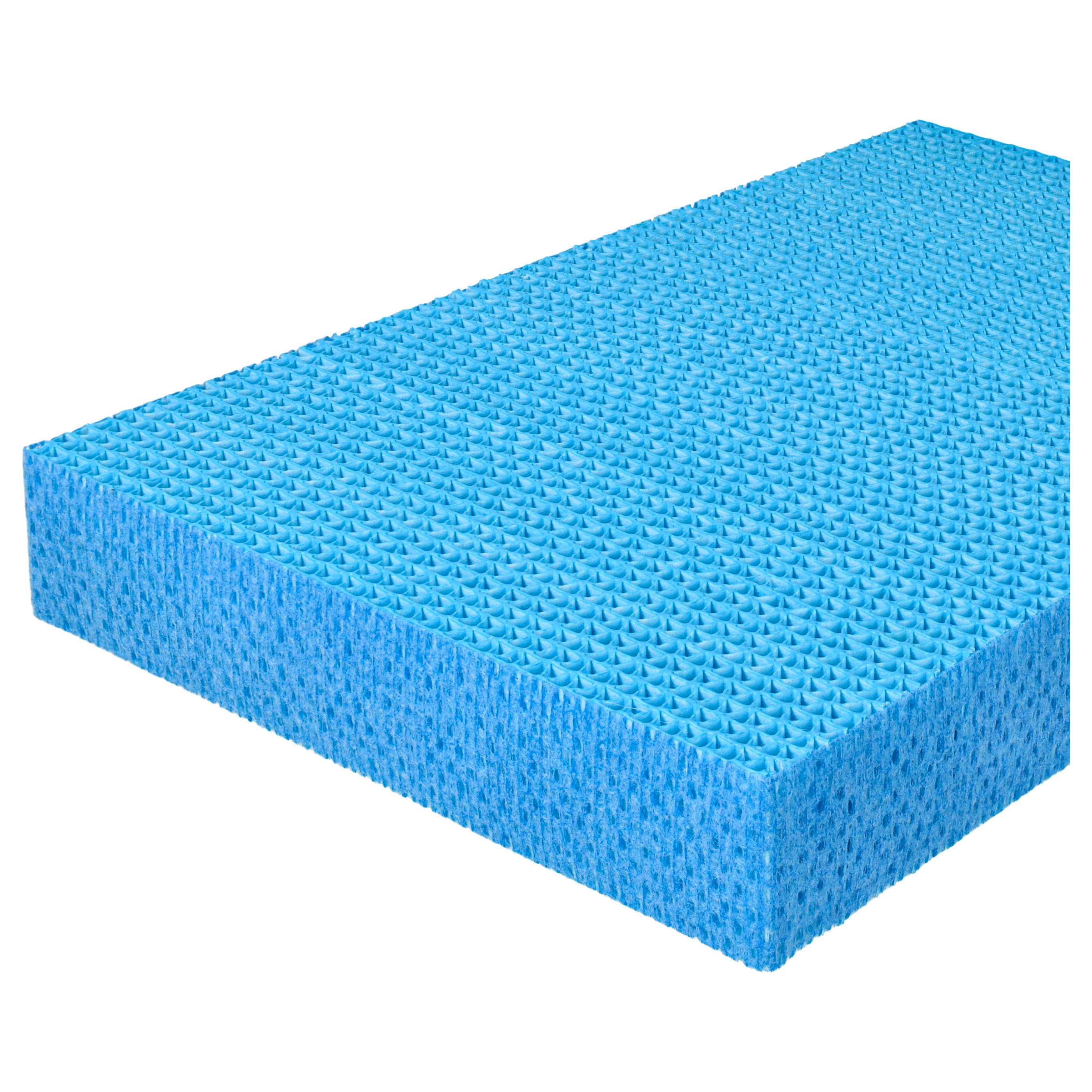 Ein rechteckiger blauer Schaumstoff. Der Schaumstoff hat ein strukturiertes Muster auf der Oberfläche.