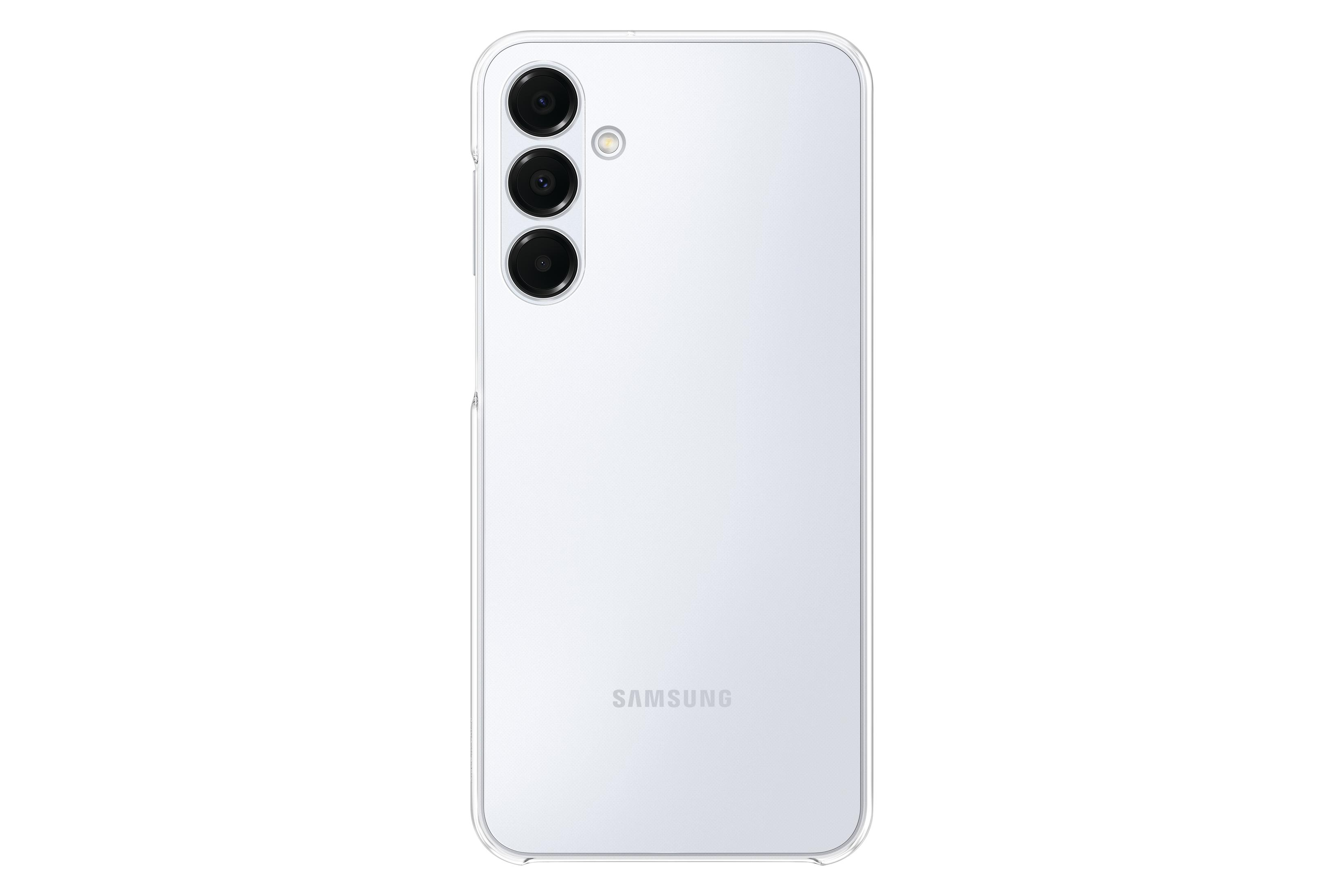 Achterkant van een witte smartphone met cameralenzen en Samsung-logo. Minimalistisch design.