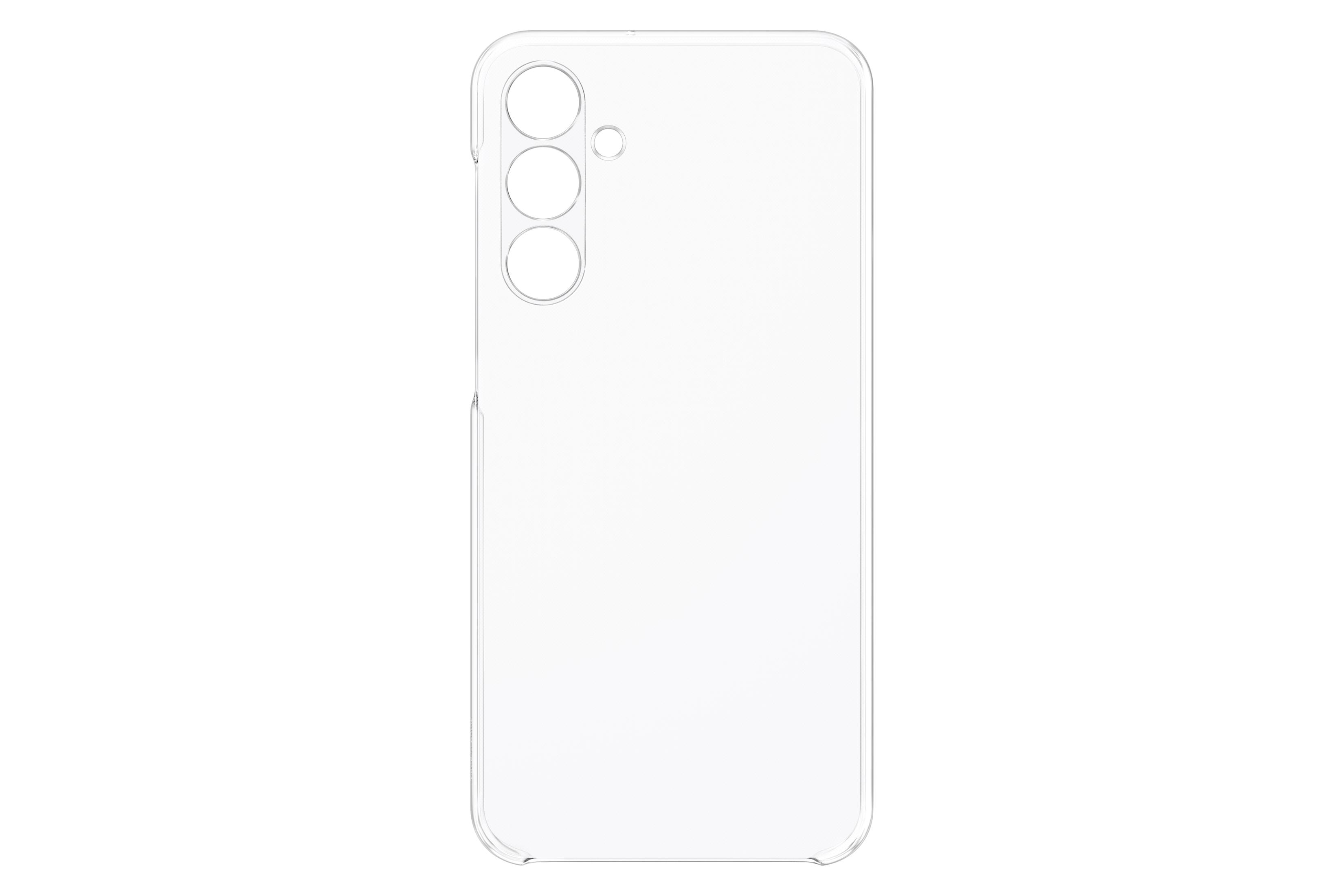 Een transparante telefoonhoes met drie camera-uitsparingen, tegen een witte achtergrond.
