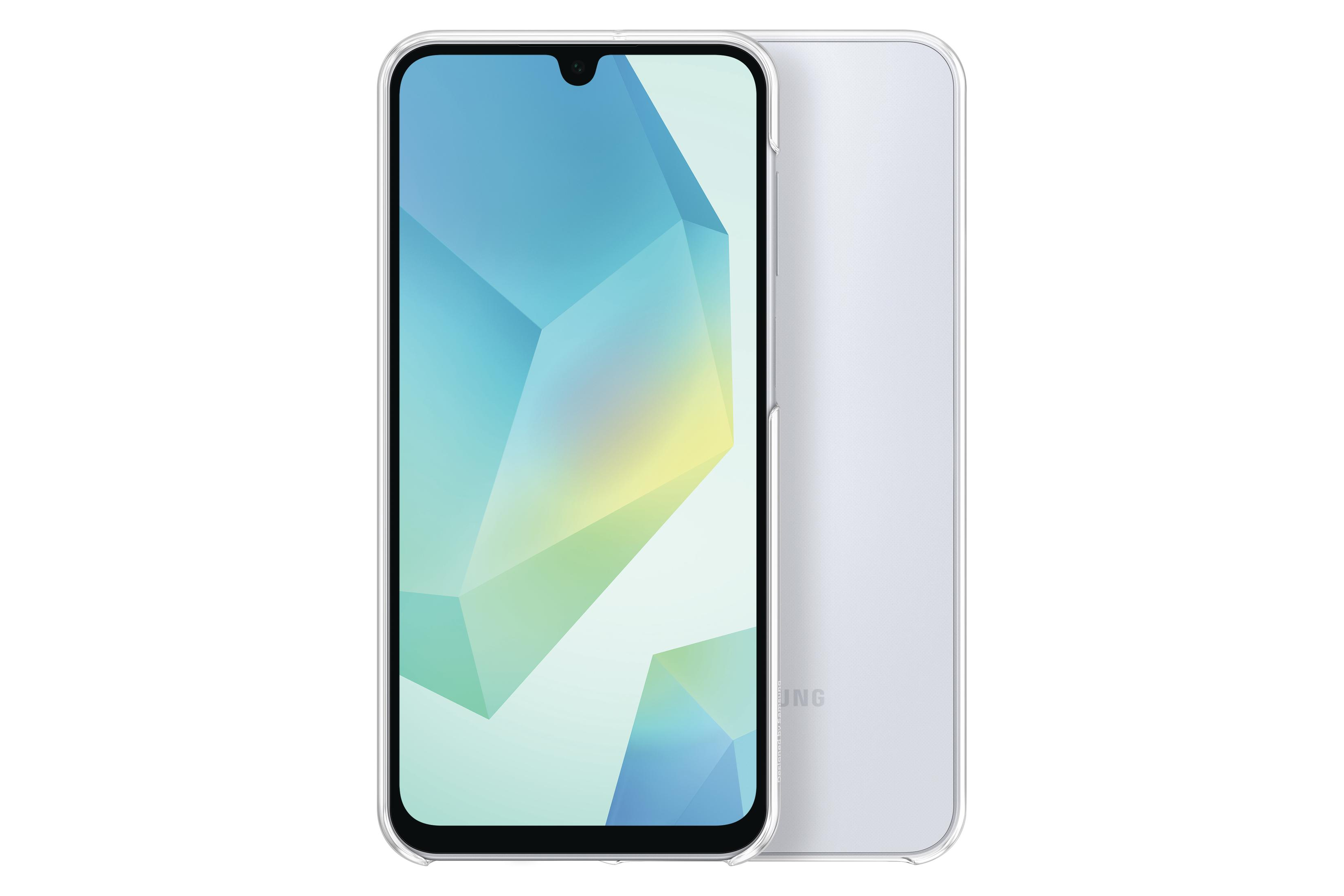Een witte smartphone met een doorzichtige hoes. Het scherm toont een geometrisch ontwerp.