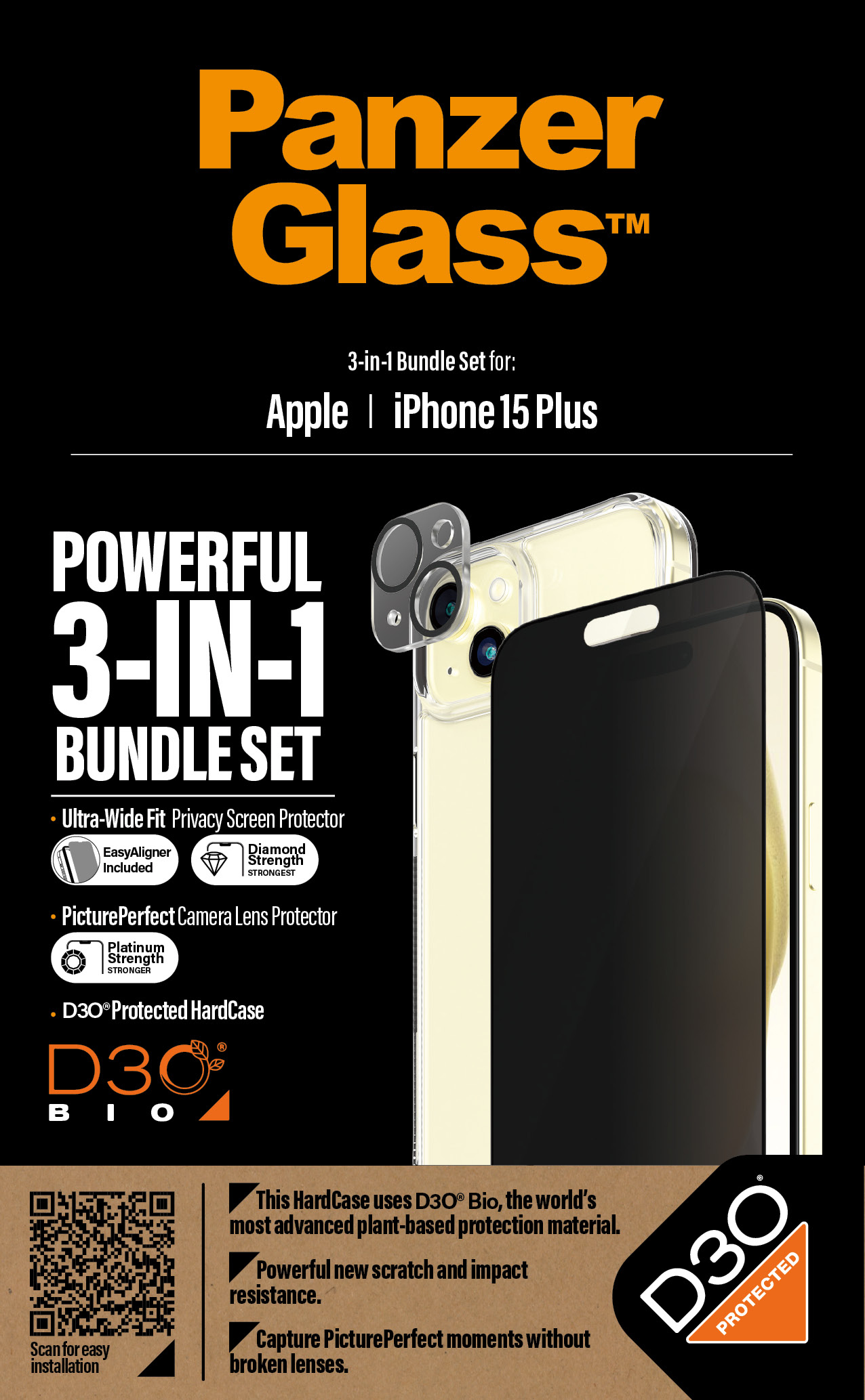 Scatola in bianco e nero, iPhone e custodia per telefono con protezione dell'obiettivo della fotocamera. Set di pacchetti.