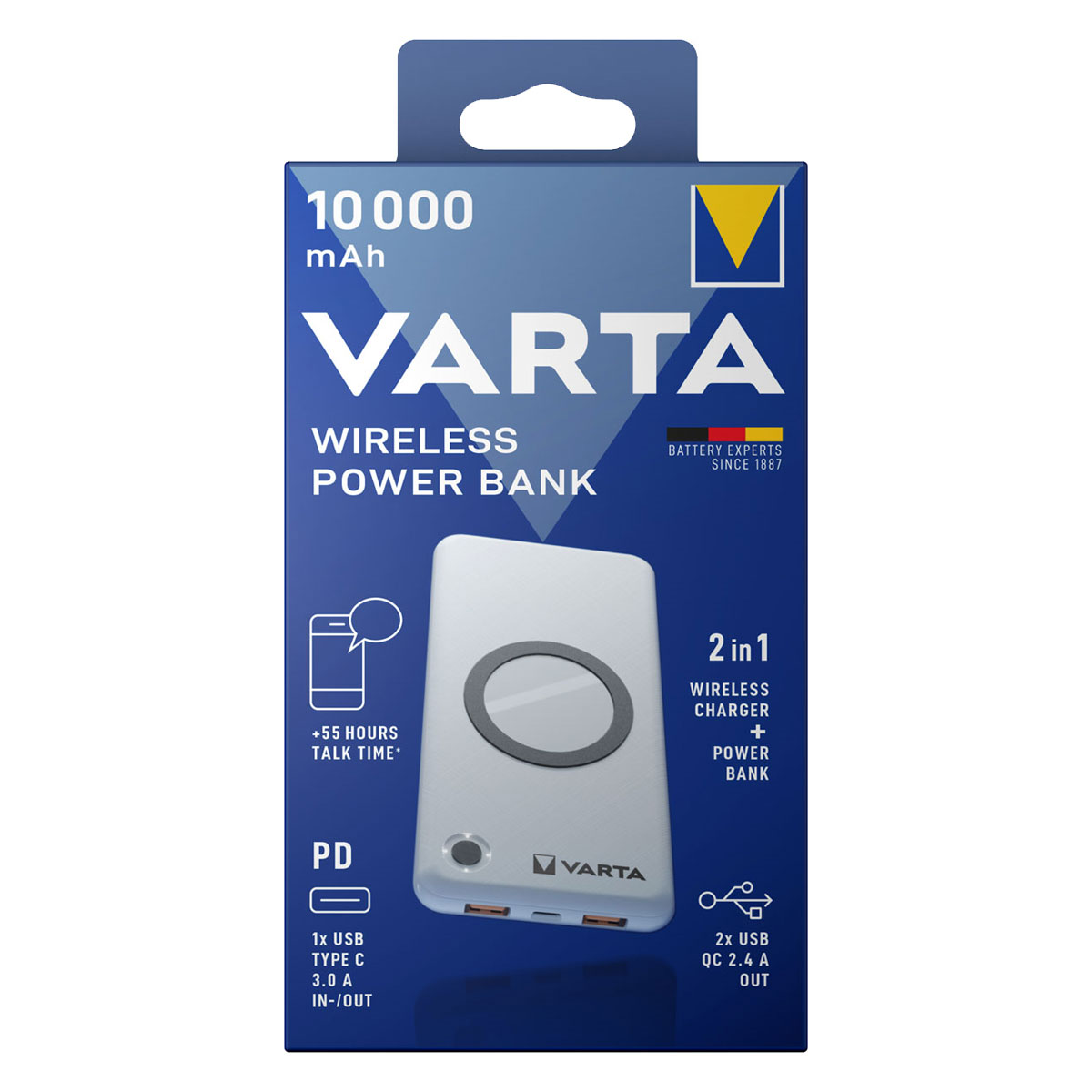 Varta Wireless Power Bank in Verpackung. Zeigt Power Bank, USB-Anschlüsse und Infos zum kabellosen Laden.