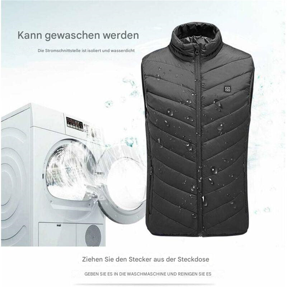 Schwarze beheizte Weste auf weißem Hintergrund, mit Waschmaschine.
