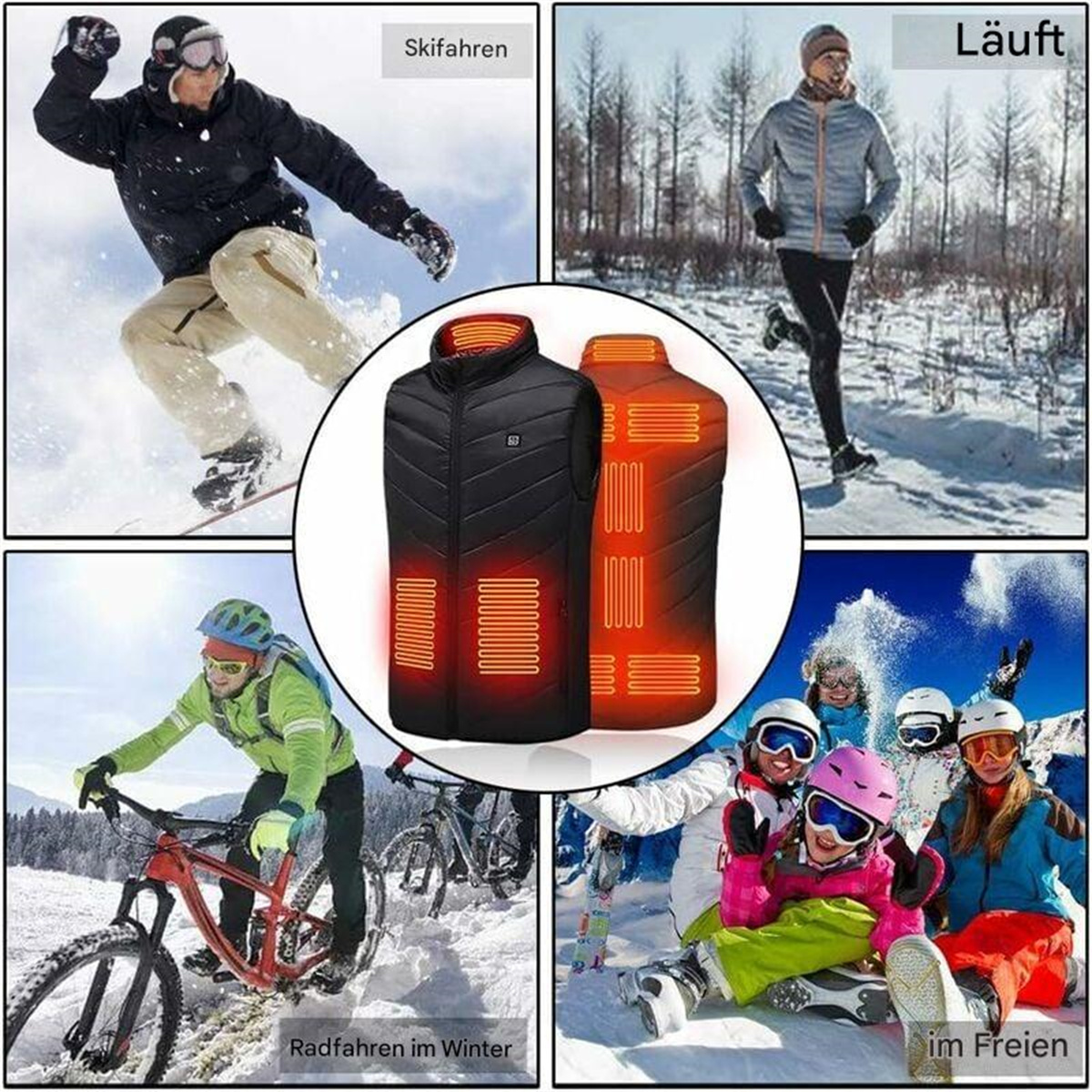 Vier Bilder mit Skifahren, Laufen, Radfahren und im Freien. Beheizbare Weste in der Mitte.