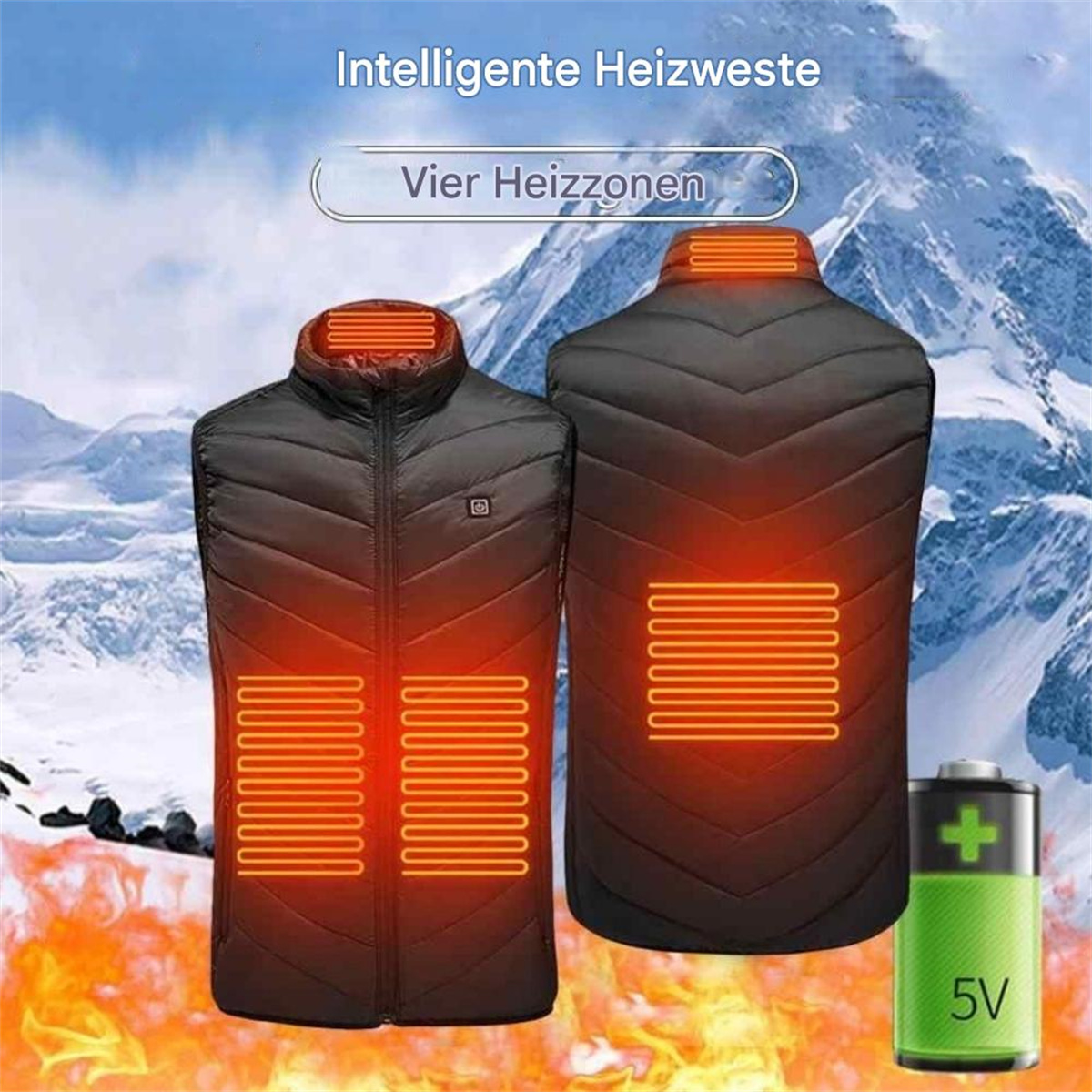 Zwei schwarze Westen mit orangefarbenen Heizzonen. Der Text lautet 'Intelligente Heizweste' und 'Vier Heizzonen'.