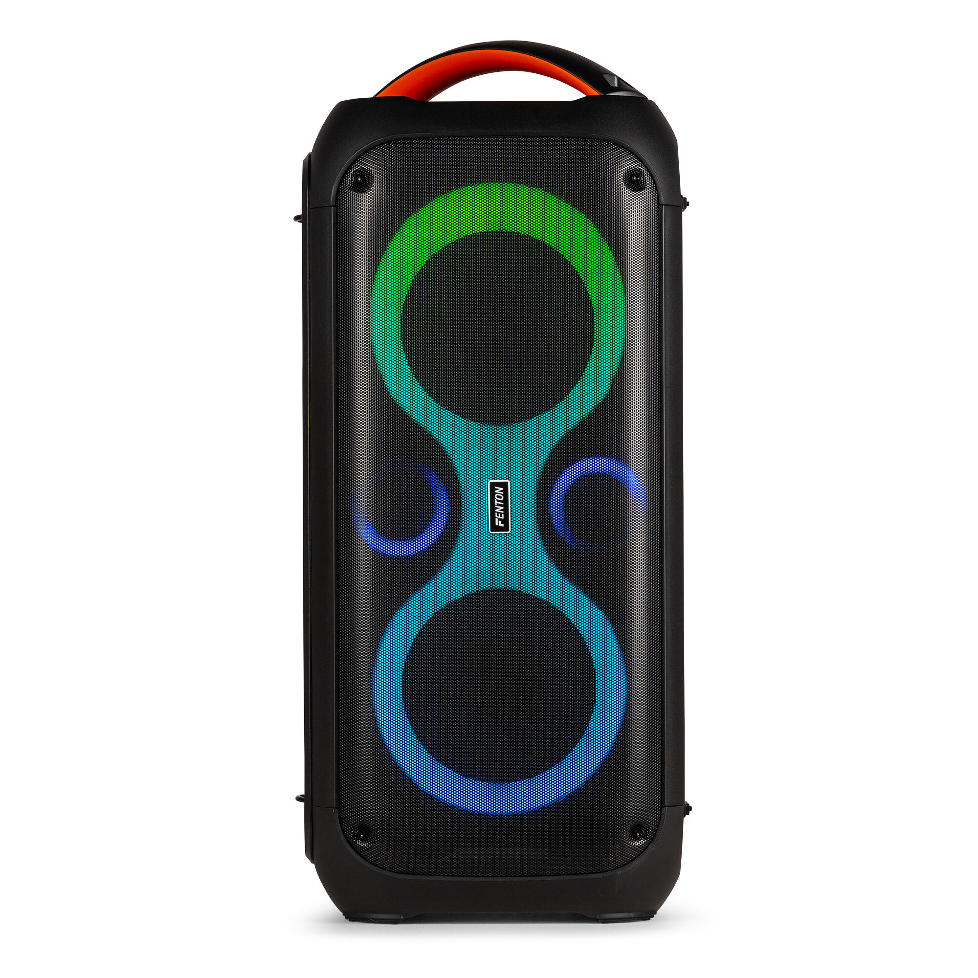Altavoz negro con luces de colores, asa naranja, fondo blanco.