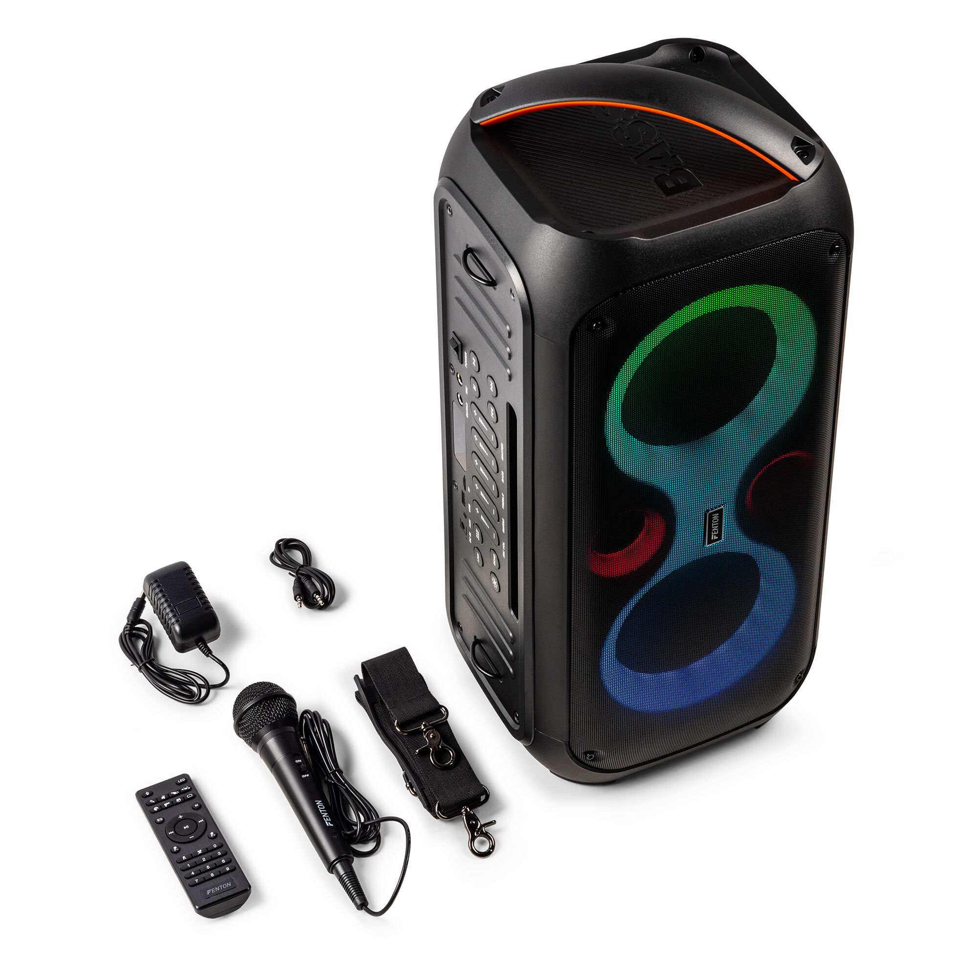 Altavoz negro con luces de colores. Incluye micrófono, mando a distancia, cable de alimentación y correa. Fondo blanco.