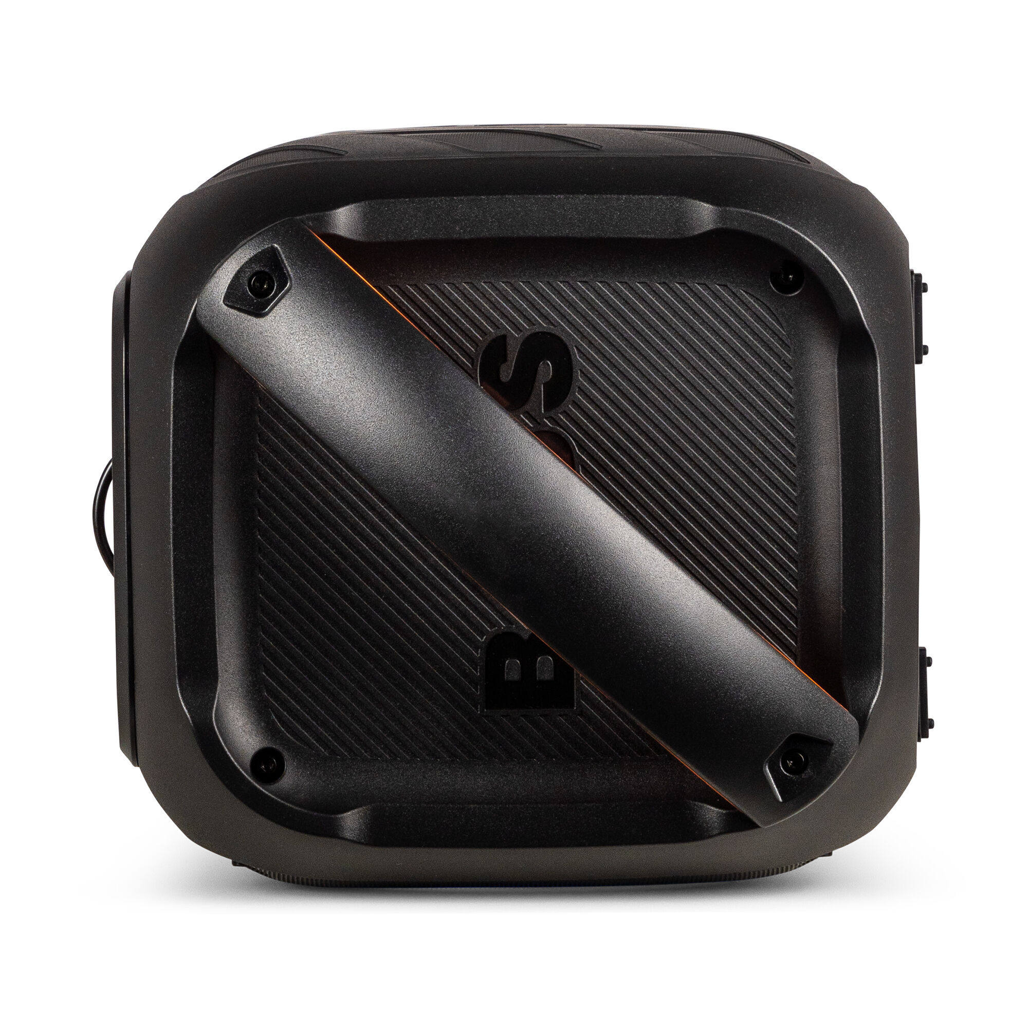 Un altavoz negro con asa, con un logotipo y una superficie texturizada.