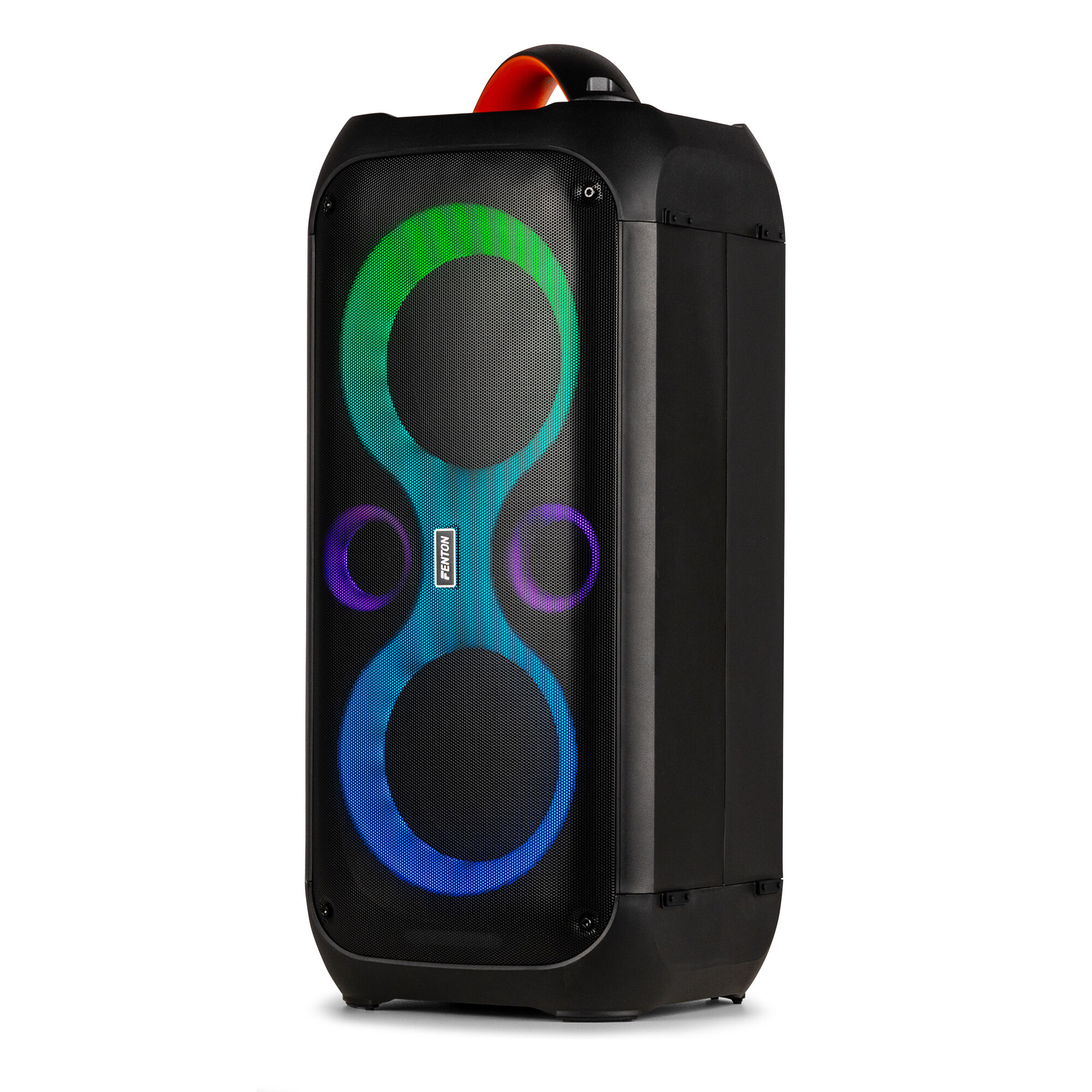 Altavoz negro con luces de colores. Tiene asa. FENTON escrito en él.