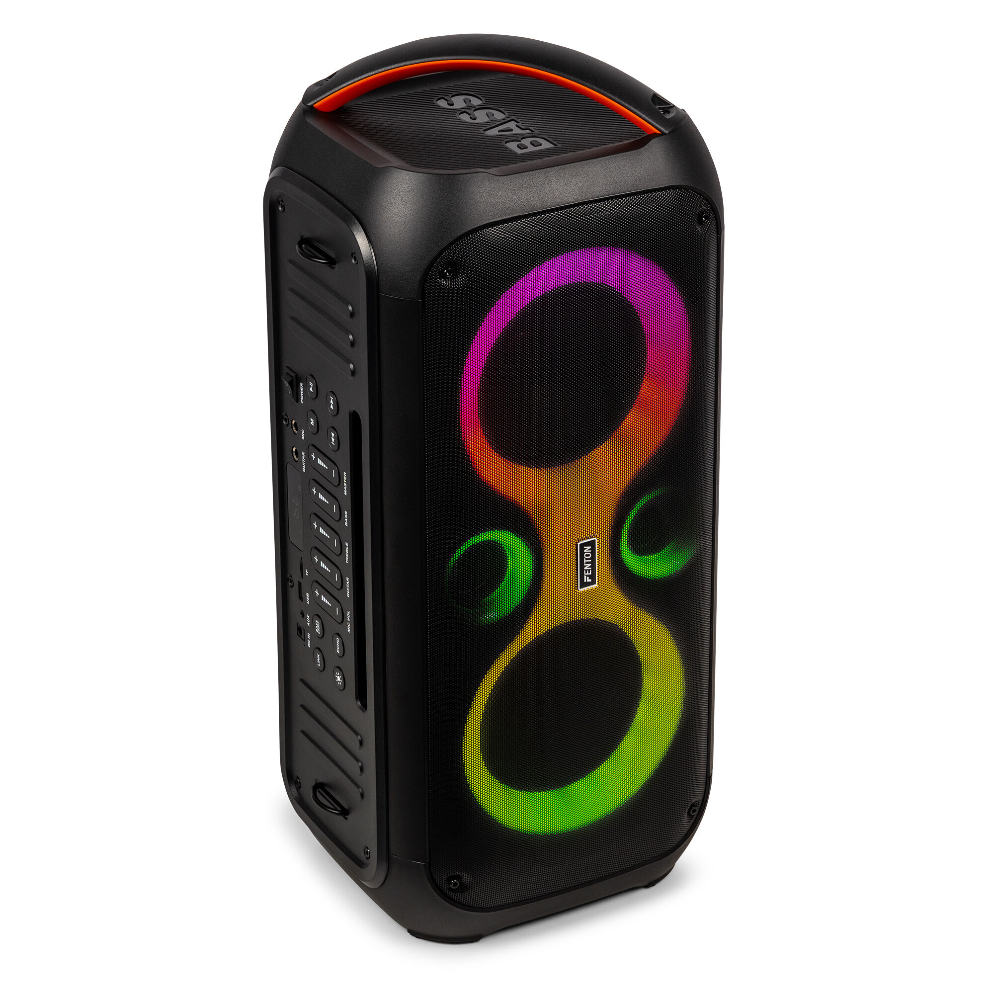 Un altavoz negro con luces coloridas, un asa y botones de control en el lateral, aislado sobre fondo blanco.