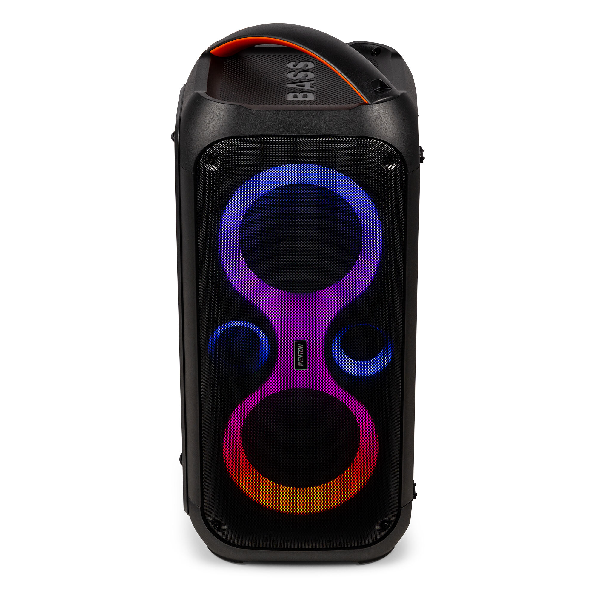 Altavoz negro y neón, con luces de colores. Tiene un asa y la palabra "BASS" en la parte superior.