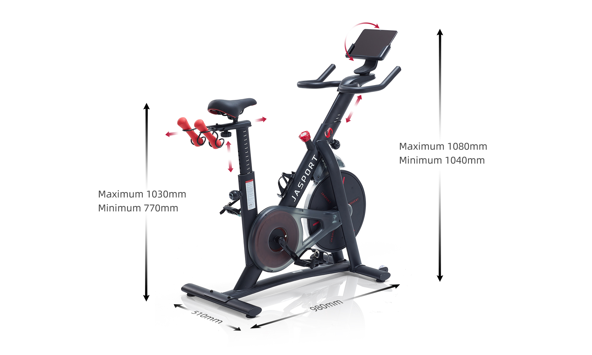 Schwarzes Jasport-Heimtrainer mit angegebenen Abmessungen. Auf weißem Hintergrund.