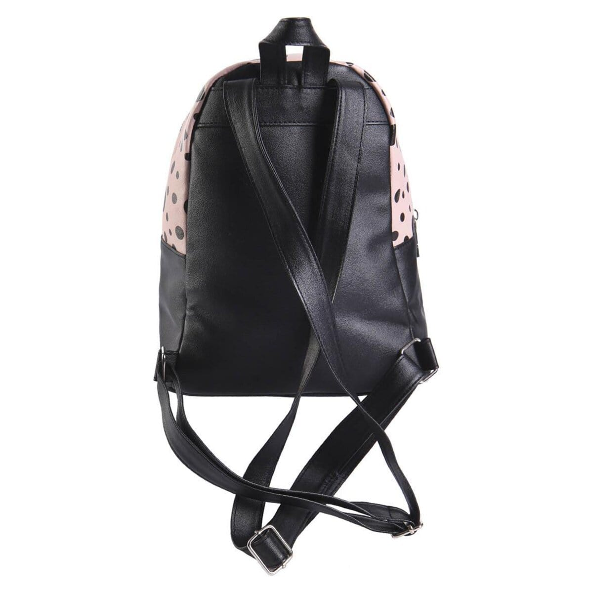 Mochila negra y rosa. La parte rosa tiene lunares negros. Las correas y el resto de la bolsa son negras. El fondo es blanco.