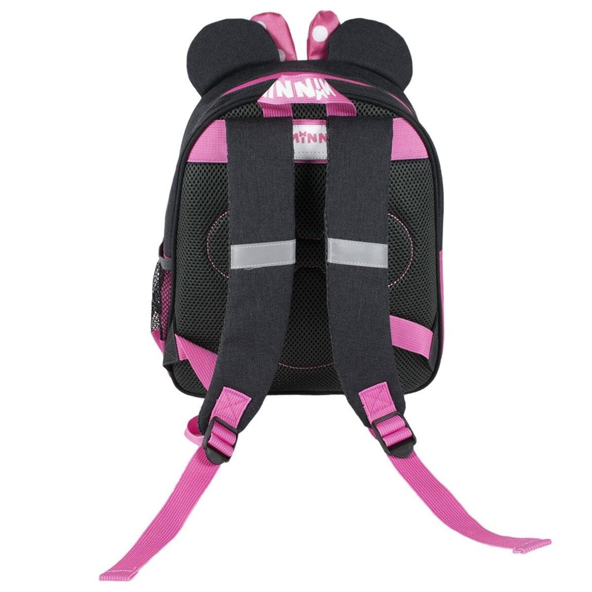 Espalda de la mochila de Minnie Mouse con correas negras, detalles rosas y orejas. Tiene una parte trasera de malla.