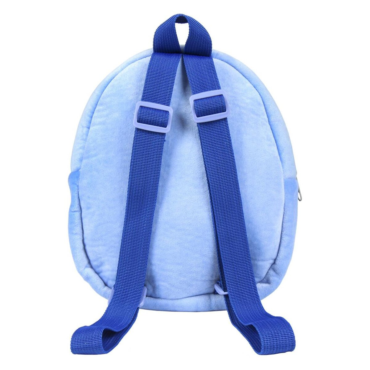 La parte trasera de una mochila azul con correas azules. Las correas son visibles, conectadas con hebillas azules. La bolsa es azul claro.