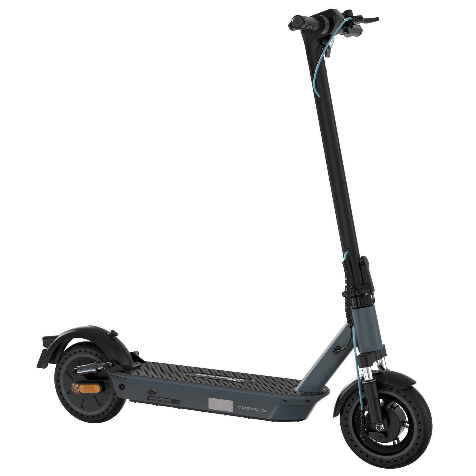 Grauer Elektroroller mit schwarzen Details. Er hat ein Vorderrad und eine Standplattform.