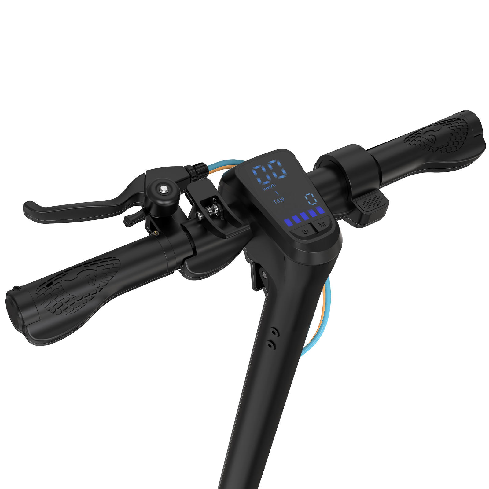 Schwarzer E-Scooter-Lenker mit Digitalanzeige. Bremshebel links.