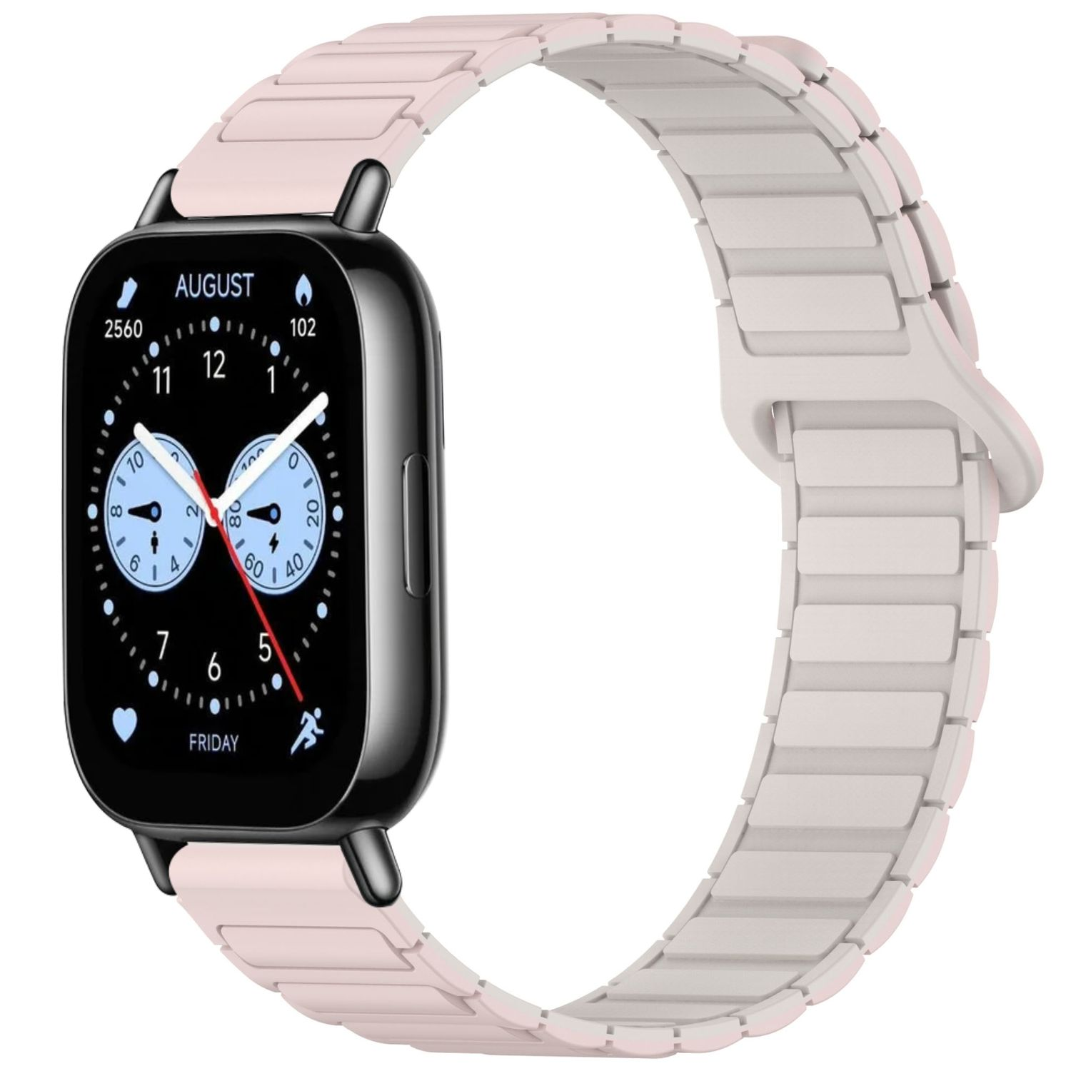 Eine schwarze Smartwatch mit pinkfarbenem Band, die ein Zifferblatt mit Zeit und Daten zeigt.