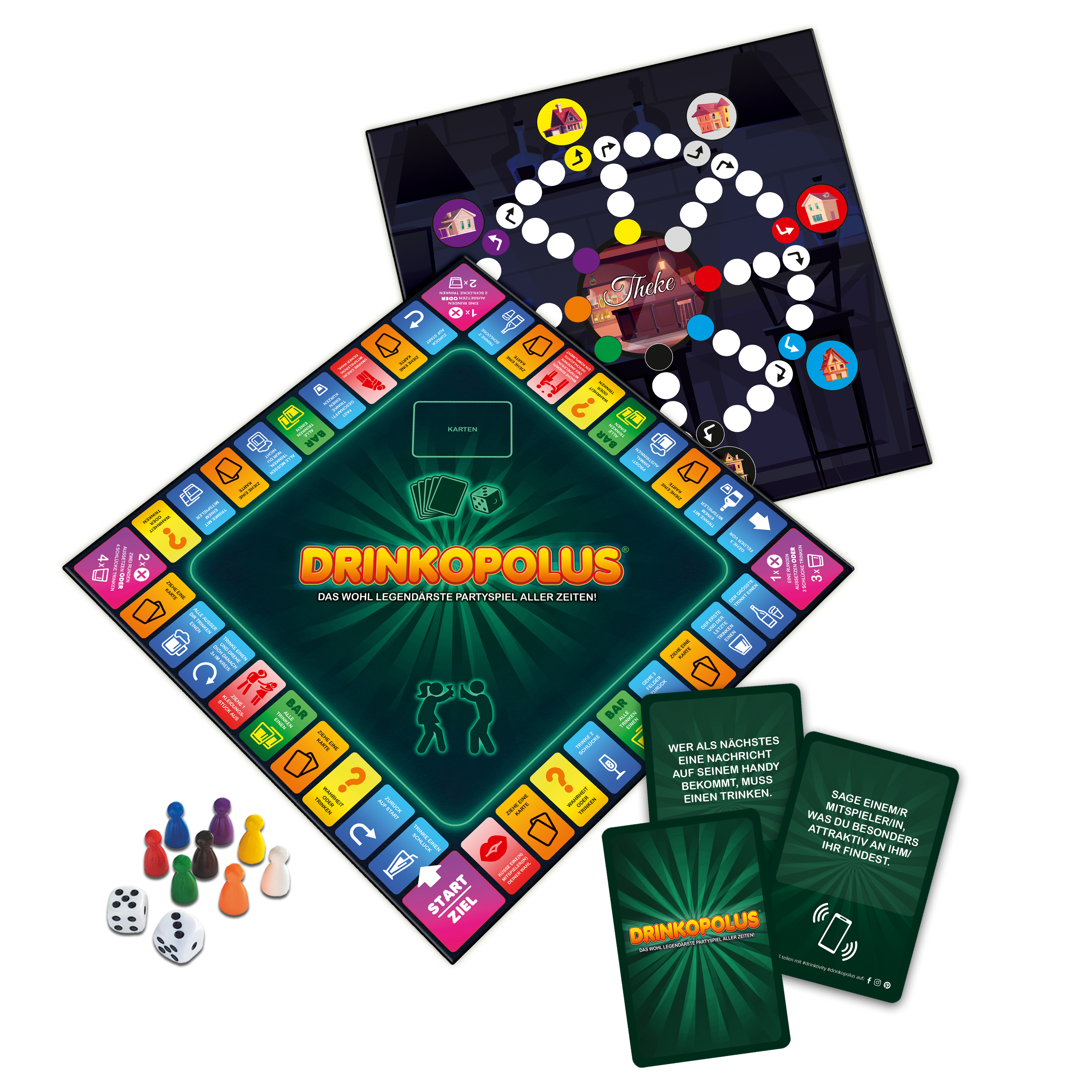 Ein Drinkopolus-Brettspiel mit Karten, Würfeln und Spielfiguren. Weißer Hintergrund.