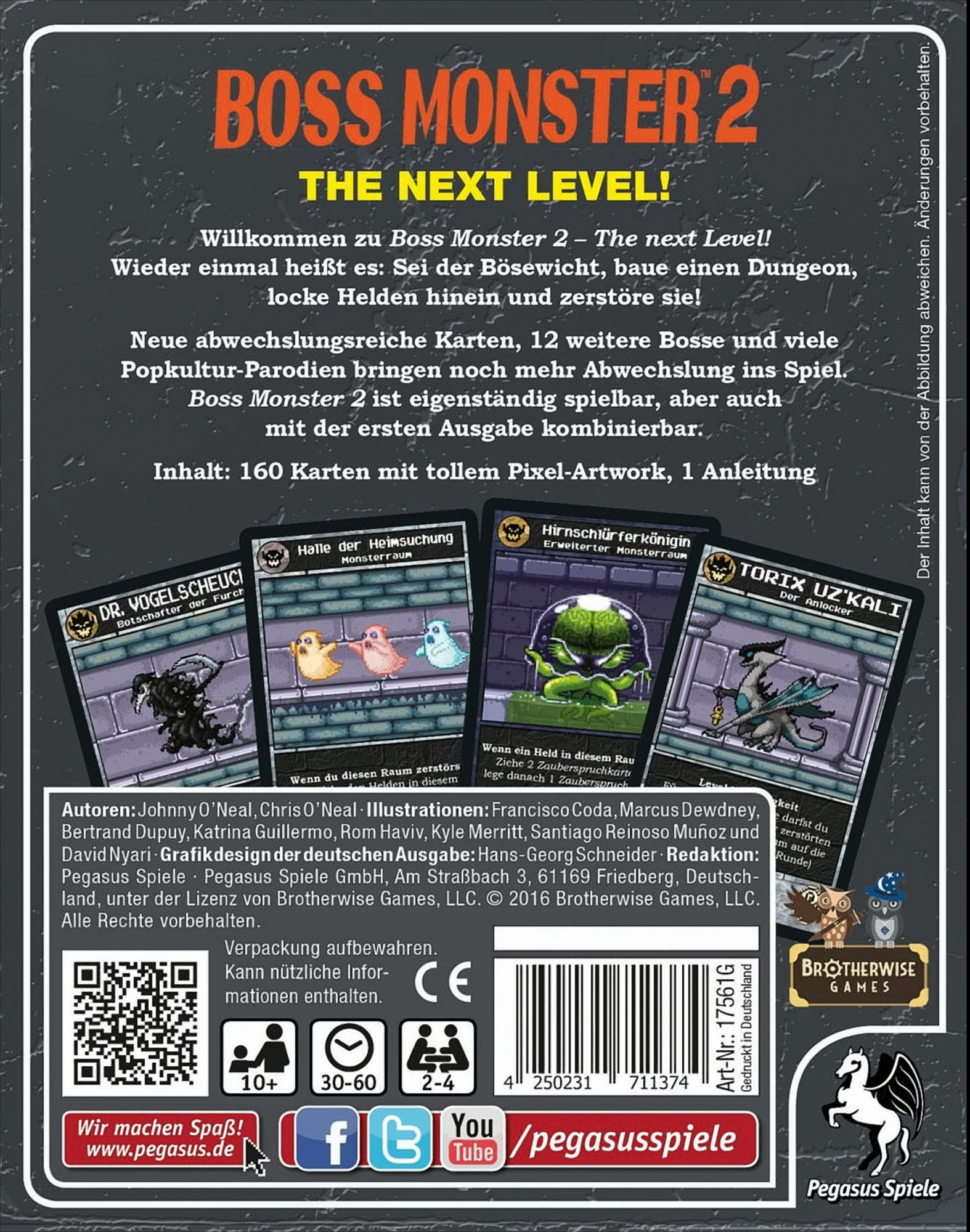 Rückseite einer Kartenspielbox mit Text und vier Kartenillustrationen.