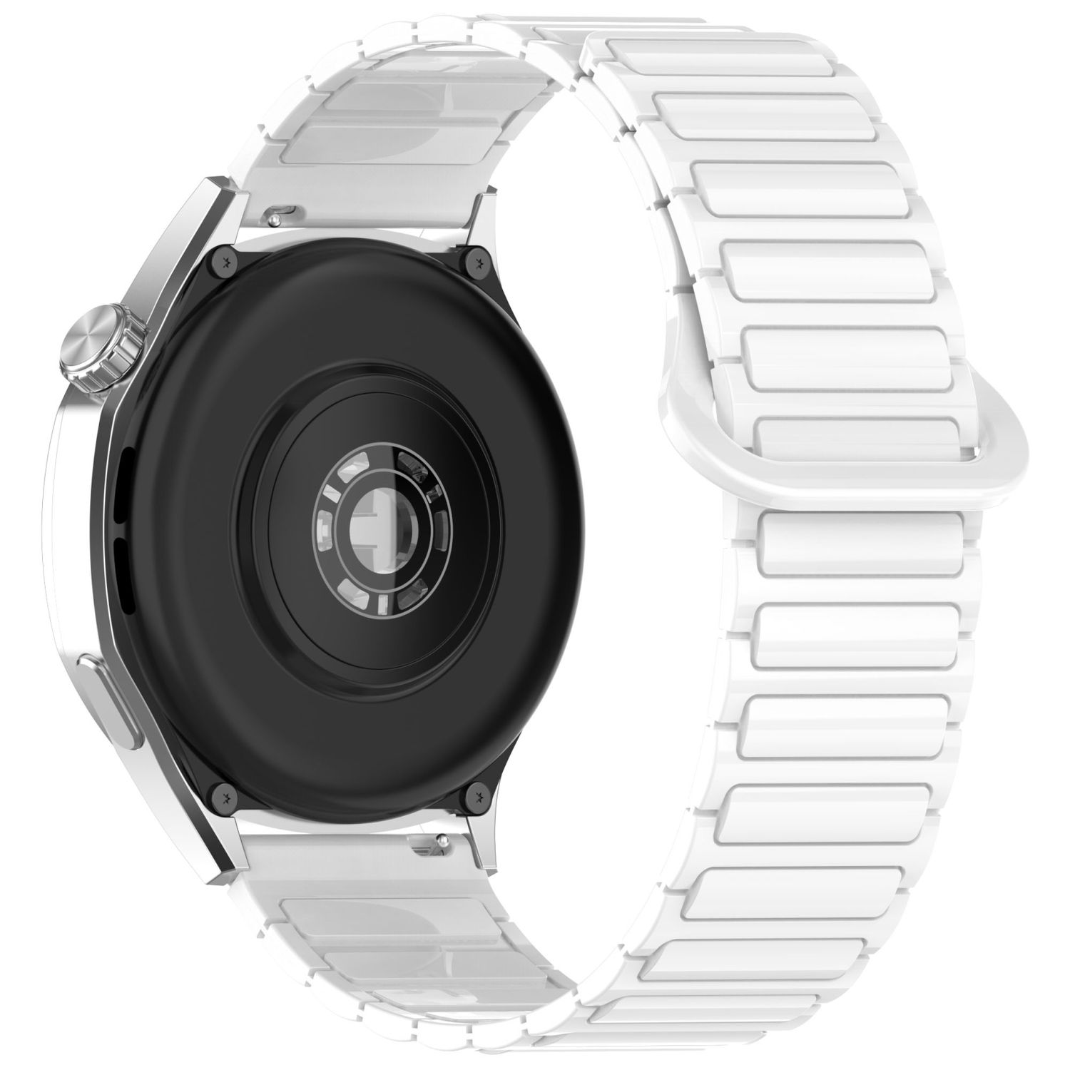 Eine Smartwatch mit weißem Armband, silbernem Gehäuse und schwarzem Bildschirm, die Rückseite ist sichtbar.