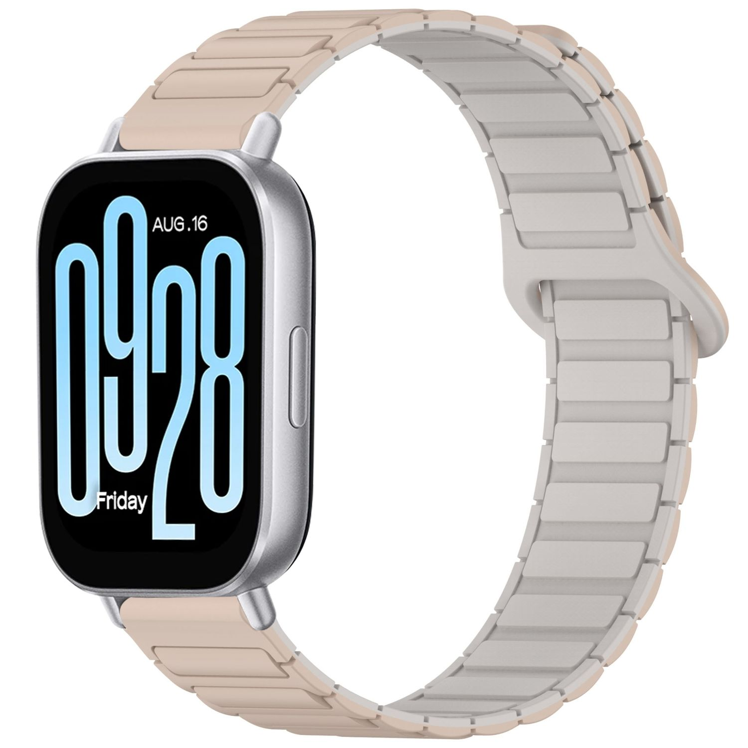 Smartwatch mit hellbeige Band, zeigt Zeit und Datum an. Weißer Hintergrund.