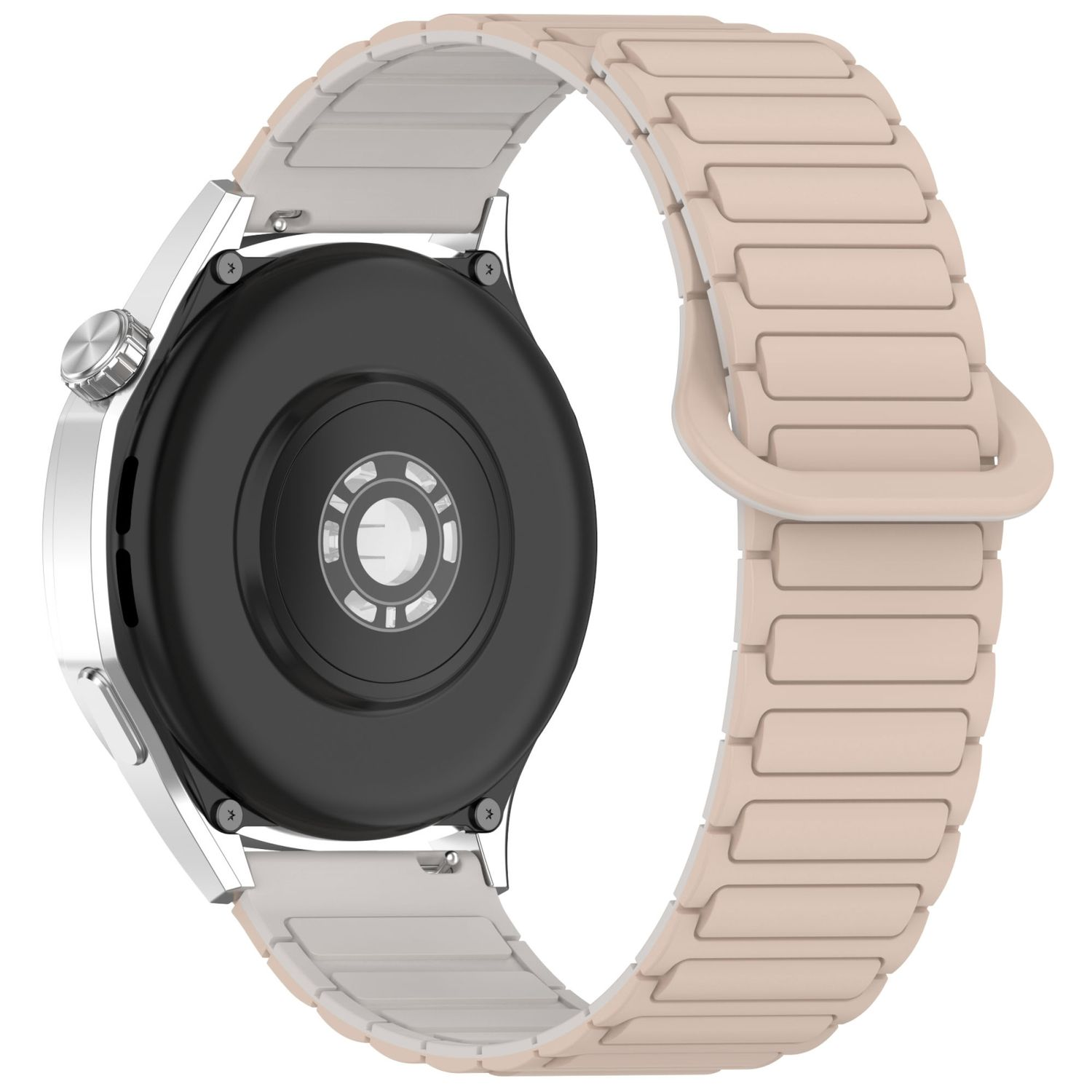 Eine Smartwatch mit silbernem Gehäuse und hellbeigem Armband. Die Rückseite ist schwarz.