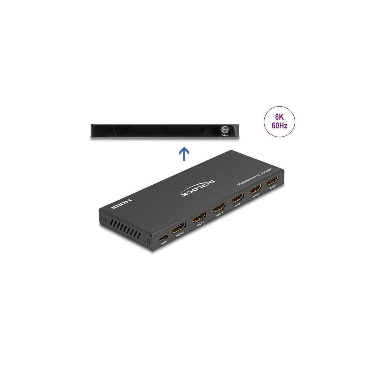 Schwarzer HDMI-Splitter mit mehreren Anschlüssen und einem kleinen Pfeil, auch ein 8K 60Hz-Label.