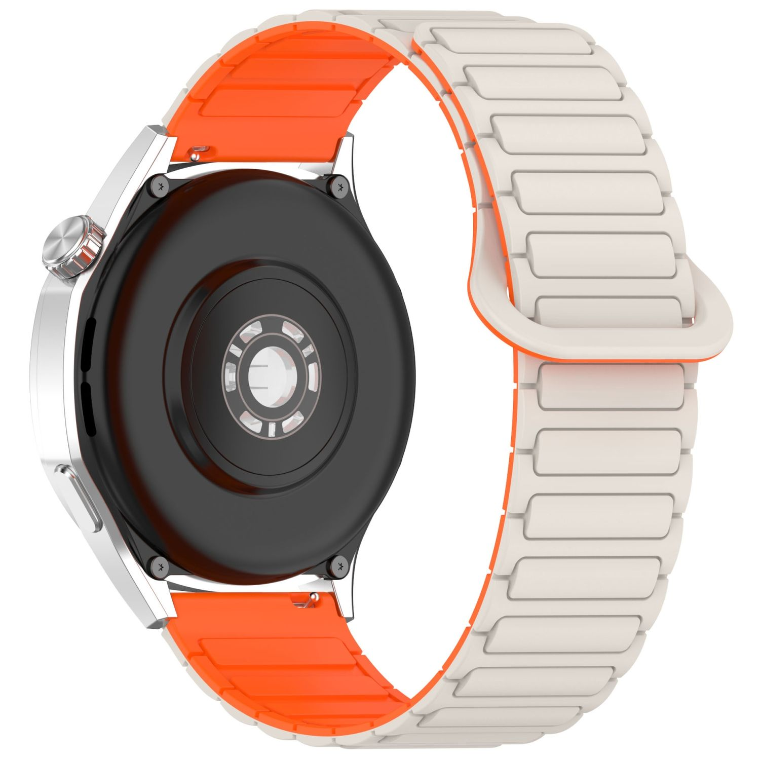 Eine Uhr mit silbernem Gehäuse und weiß-orangefarbenem Armband. Die Rückseite der Uhr ist schwarz.