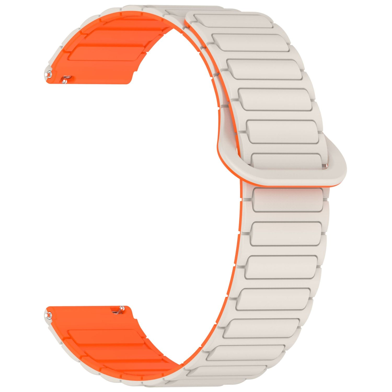 Weißes und orangefarbenes Uhrenarmband. Es hat einen Magnetverschluss.