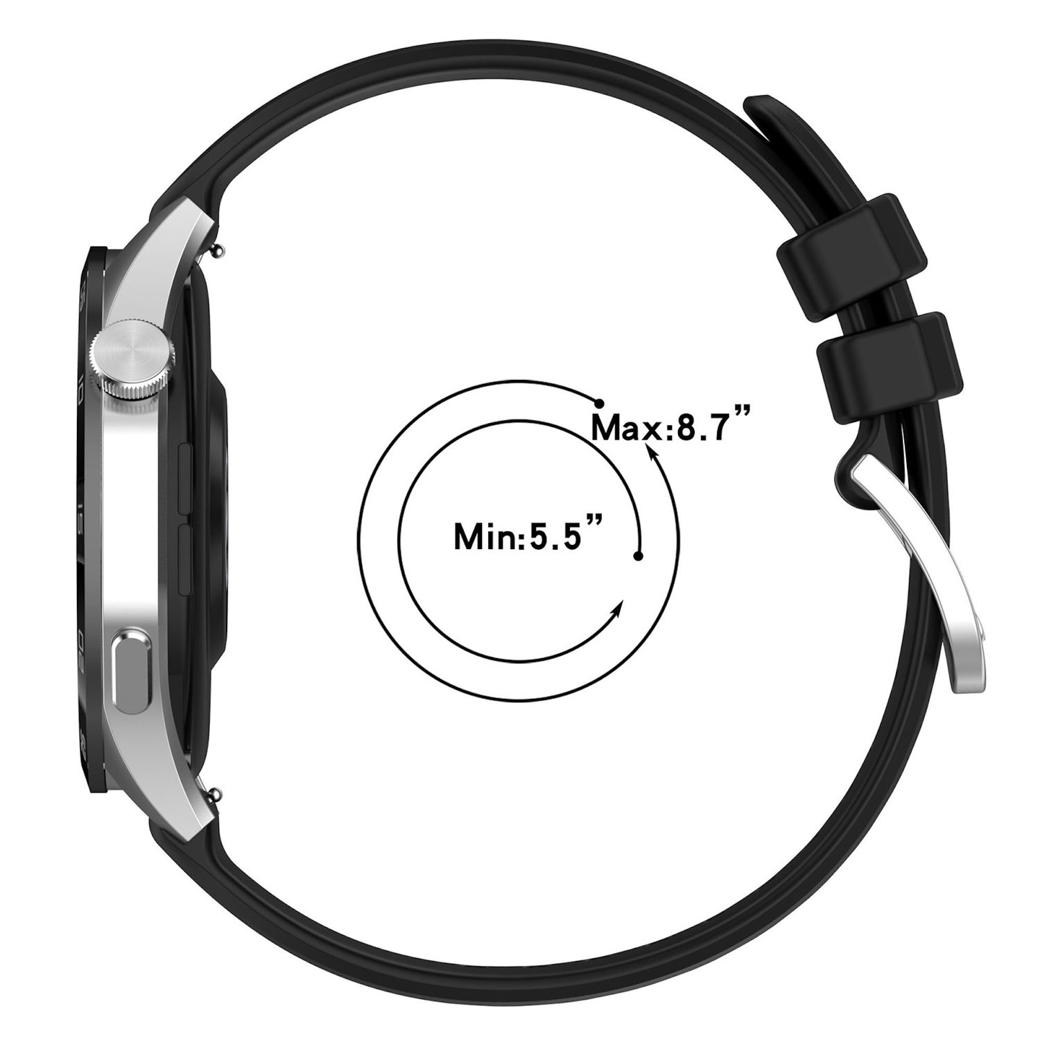 Eine schwarze Smartwatch auf weißem Hintergrund. Die Uhr zeigt Messungen.