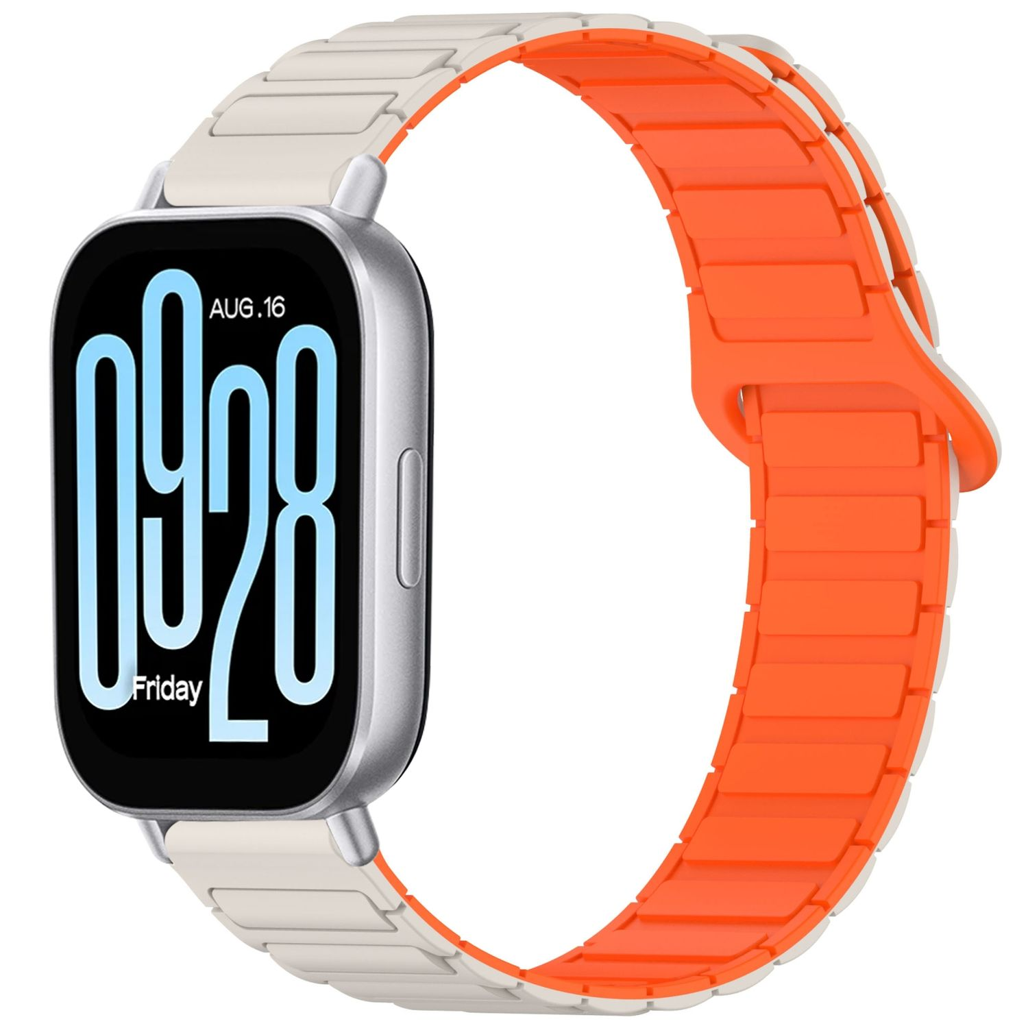 Smartwatch mit weißem und orangefarbenem Armband. Der Bildschirm zeigt Zeit und Datum.