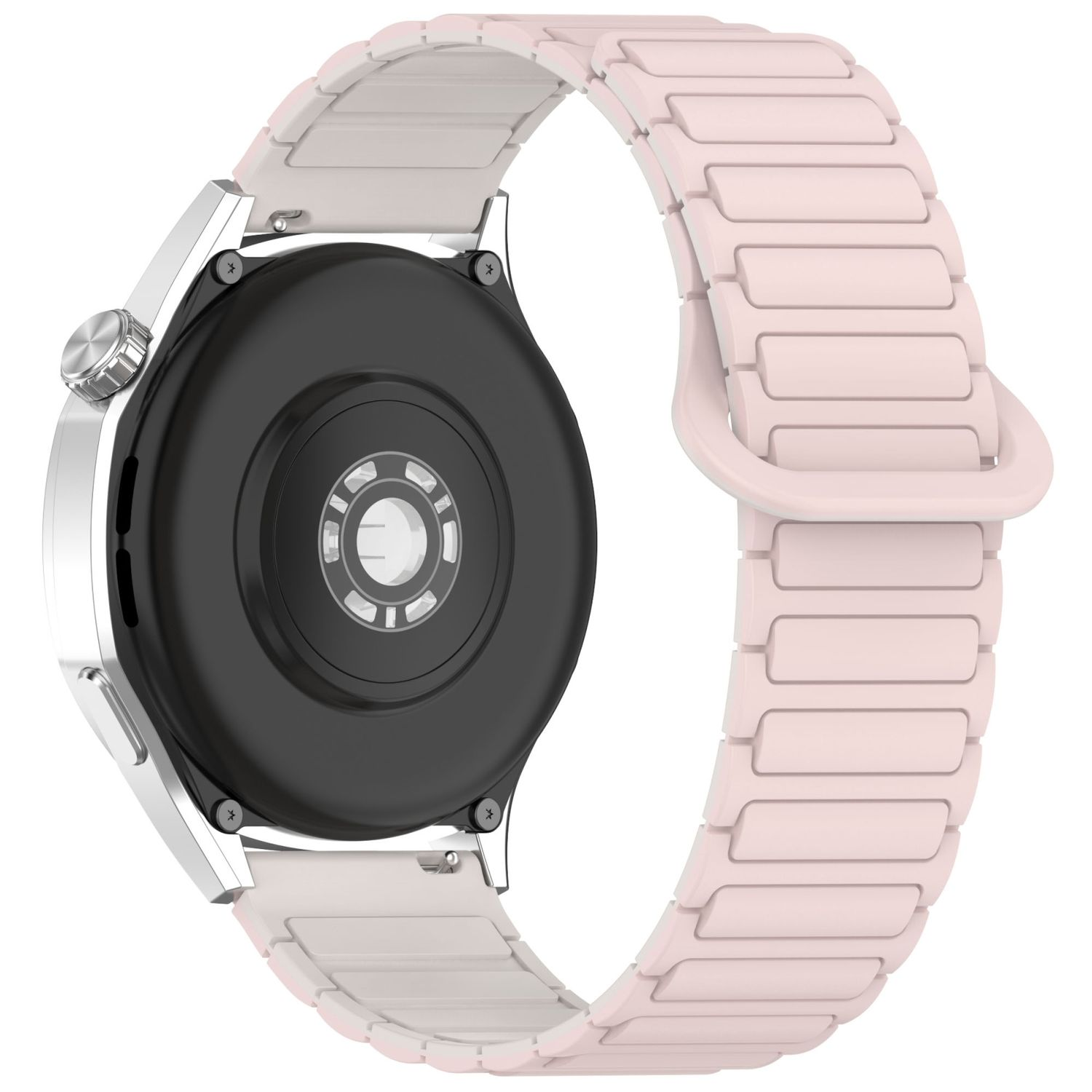 Eine Smartwatch mit pinkfarbenem Armband und schwarzer Rückseite. Das Armband besteht aus kleinen rechteckigen Teilen.