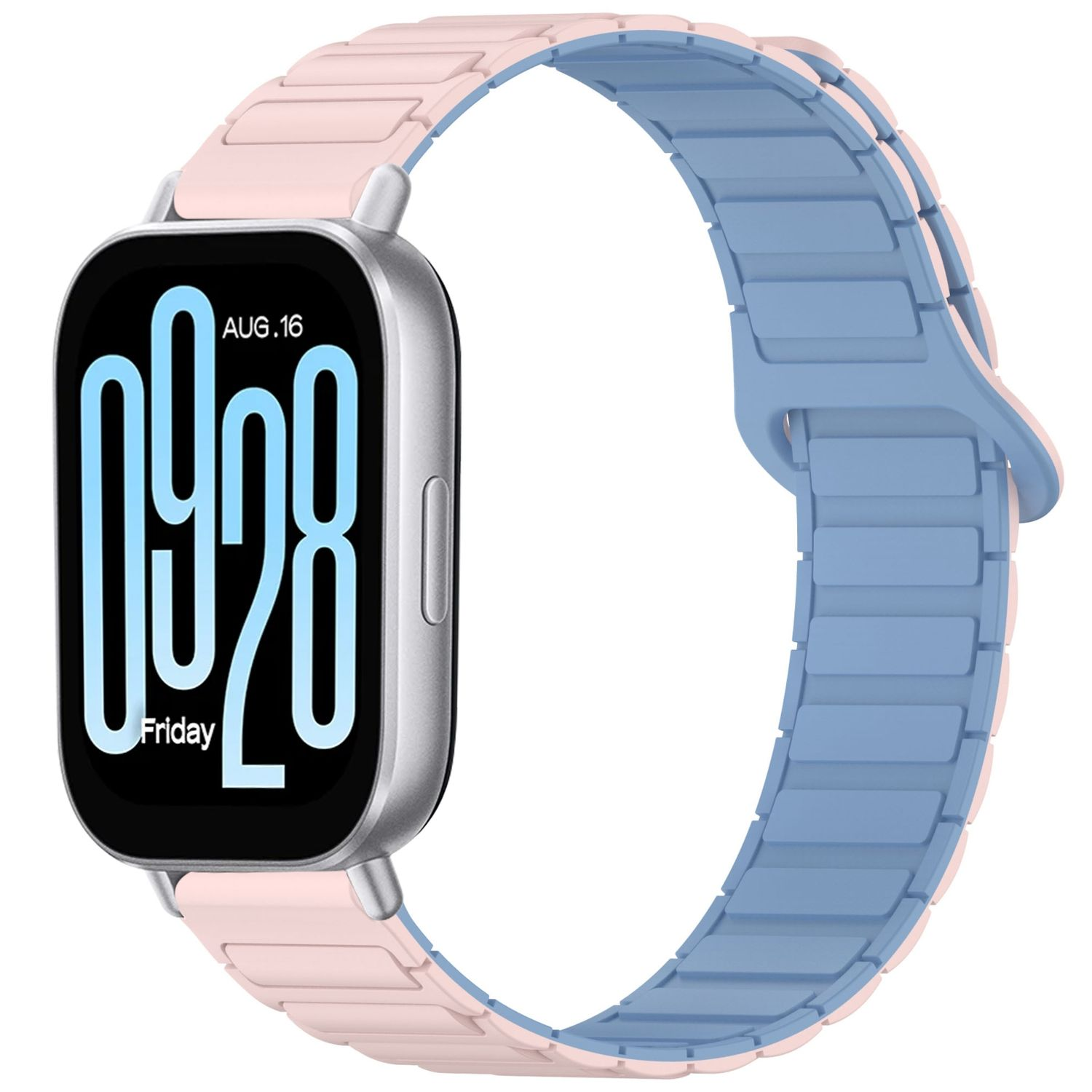 Eine Smartwatch mit einem rosa Armband und einem blauen Armband.