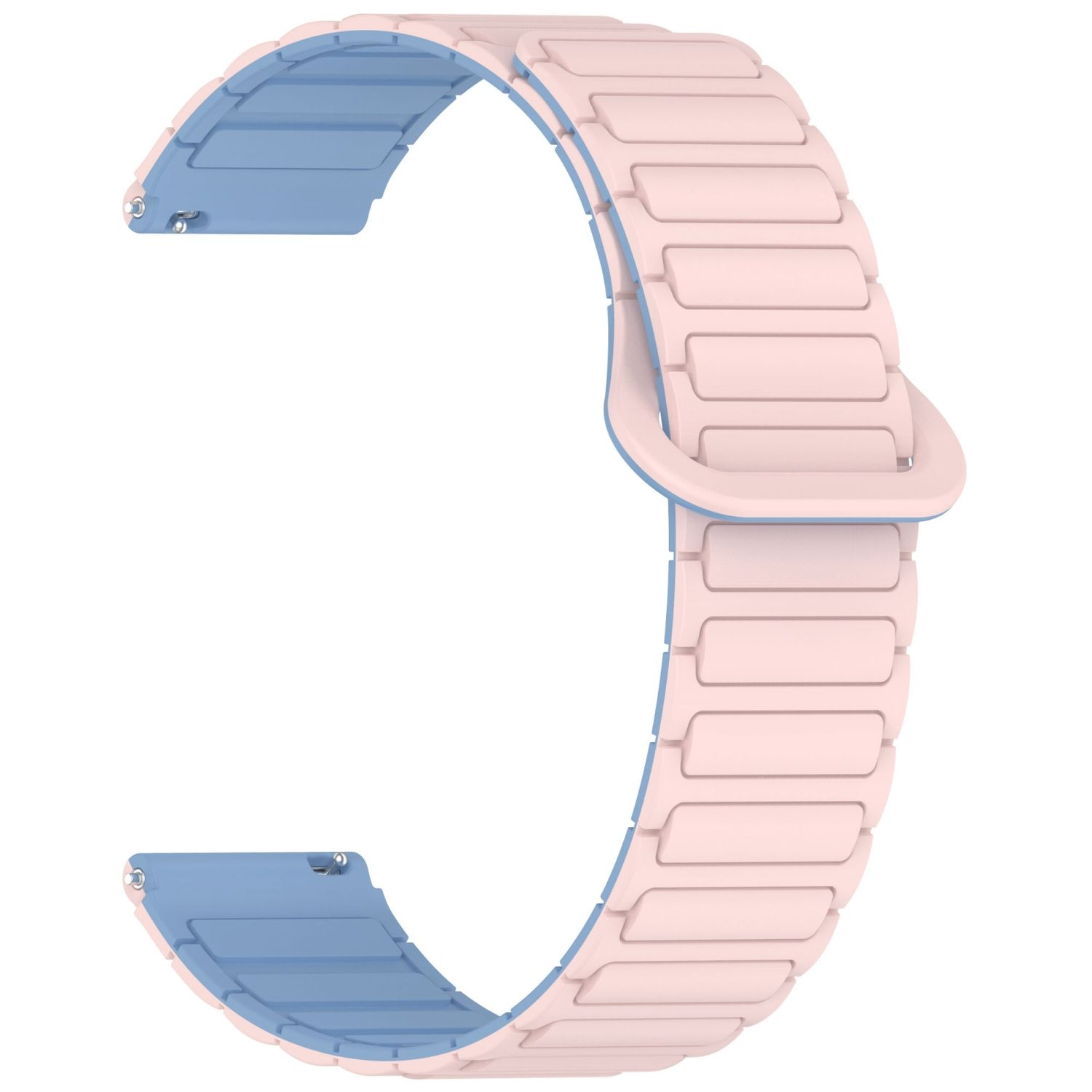 Rosa und blaues Uhrenarmband. Gebogene Form, weißer Hintergrund.