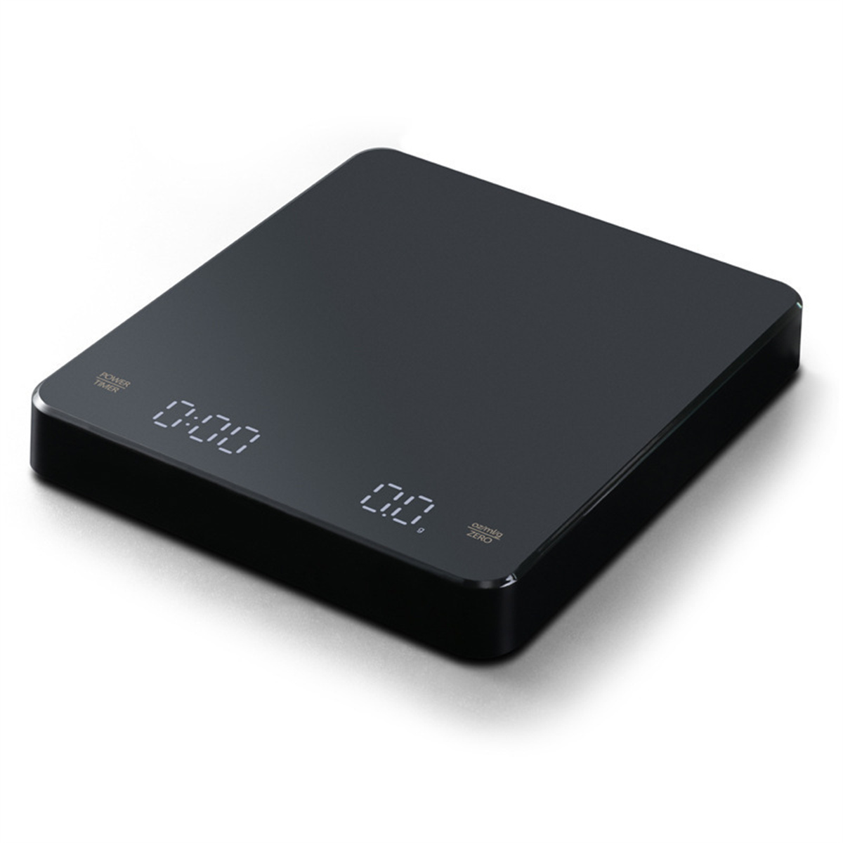 Schwarze digitale Küchenwaage mit Anzeige 0:00 und 0.0. Power, Timer und Null-Tasten.