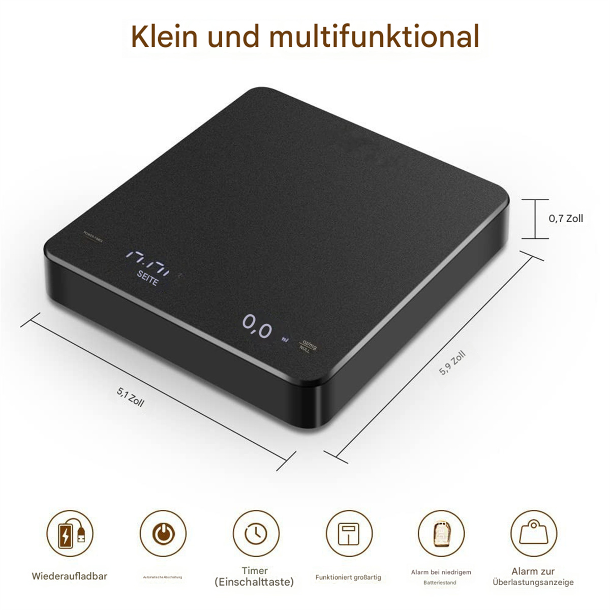 Eine schwarze digitale Waage mit Messungen und Symbolen.