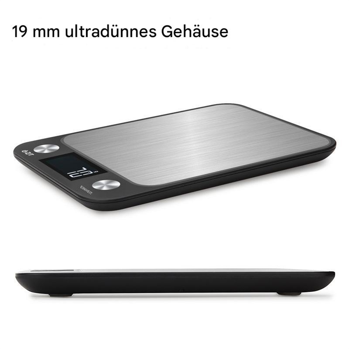 Eine schwarz-silberne Digitalwaage mit kleinem Display. Darüber steht "19 mm ultradünnes Gehäuse".