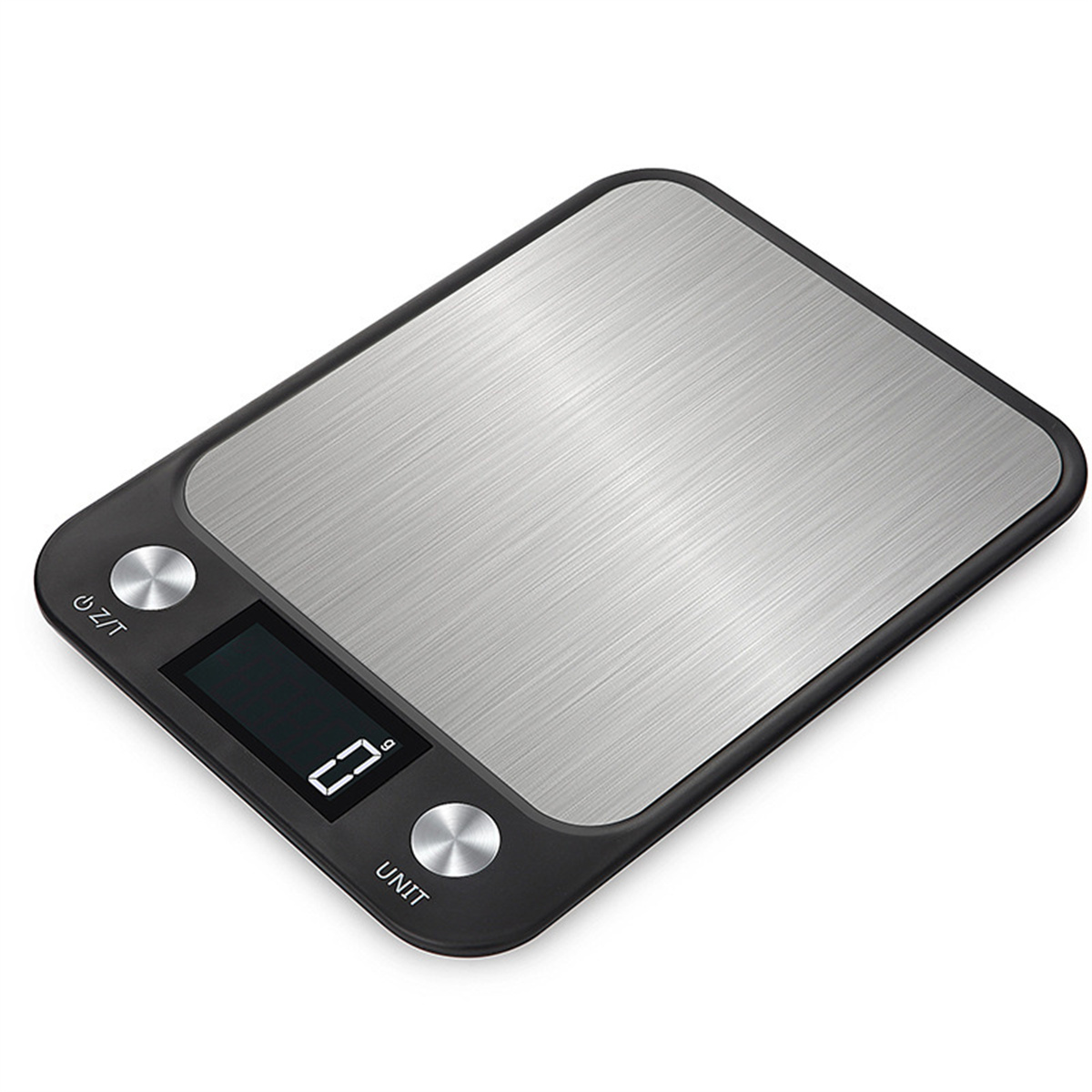 Schwarze und silberne digitale Küchenwaage. Mit Display und zwei Knöpfen.
