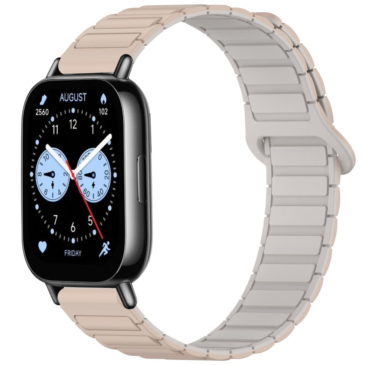 Smartwatch mit beigefarbenem Armband und einem Zifferblatt, das eine Uhr mit Indikatoren und Zahlen zeigt.