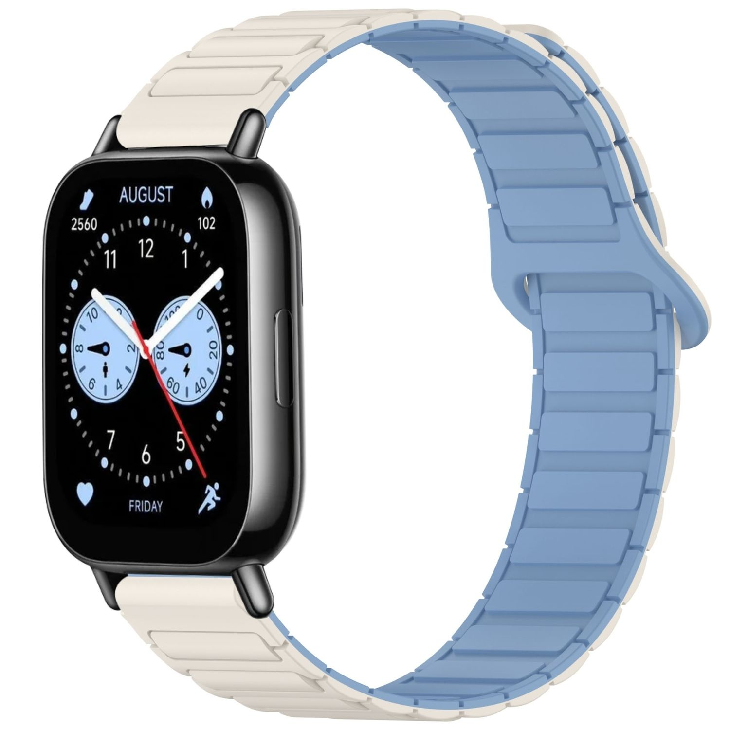 Smartwatch mit blau-weißem Armband. Das Display zeigt Datum, Uhrzeit und weitere Informationen.