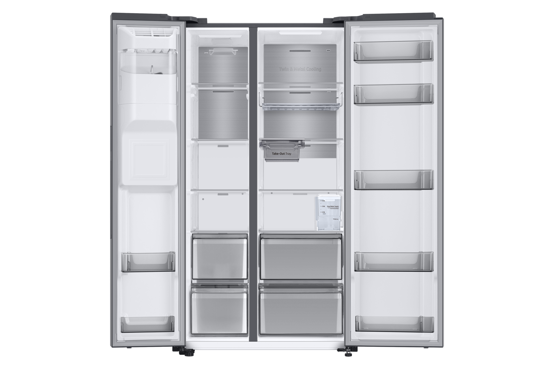 Offener Kühlschrank. Das Innere zeigt Regale, Schubladen und Fächer mit Lebensmitteln.