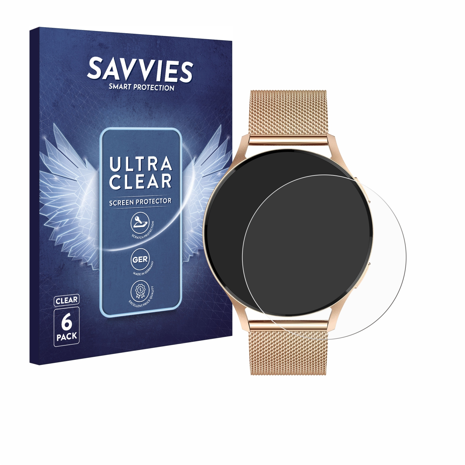 Goldene Smartwatch mit Displayschutzbox. Die Uhr hat ein goldenes Armband, schwarzen Bildschirm. Die Box ist blau.