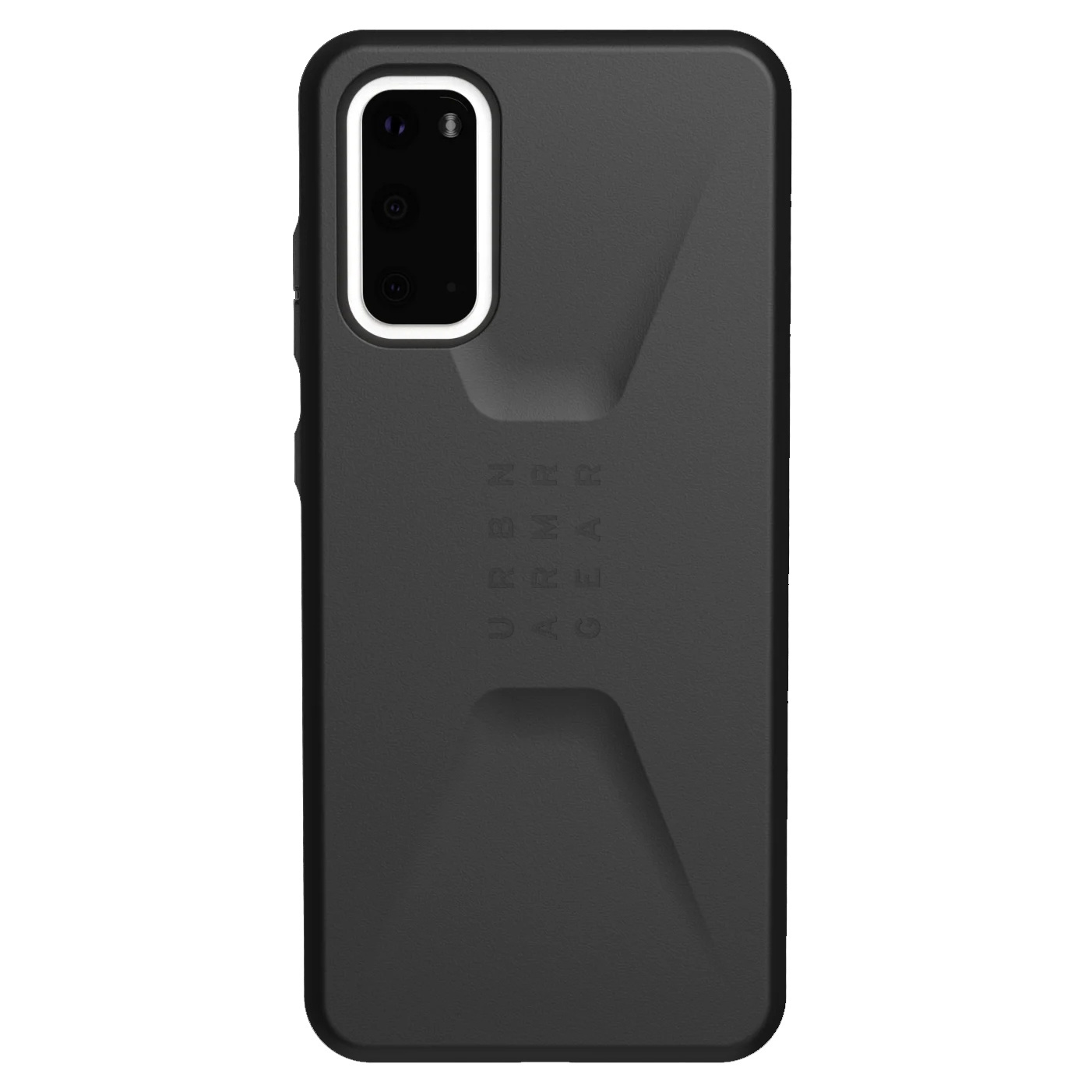 Zwarte telefoonhoes met camera-uitsparing. De hoes heeft een gestructureerd ontwerp en een merklogo.