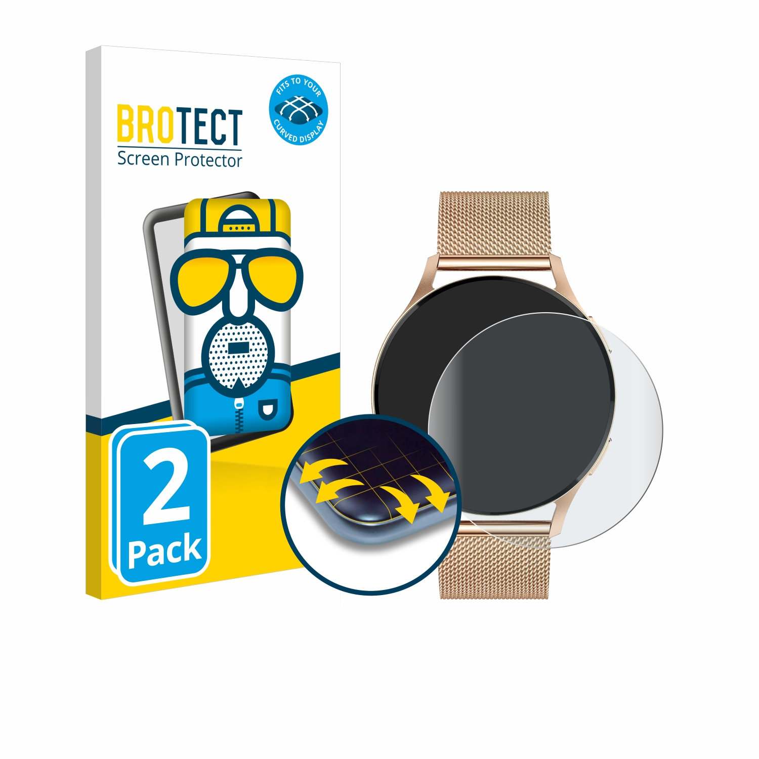 Schutzfolienbox, Smartwatch mit angebrachter Schutzfolie. Goldenes Uhrenarmband und Display.