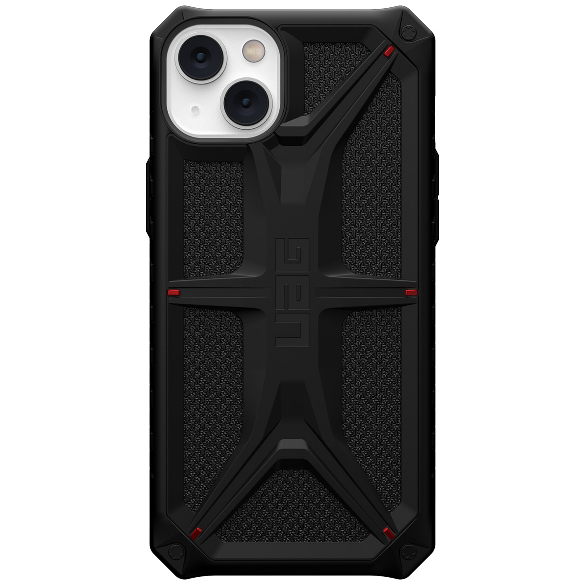 Schwarze Handyhülle mit strukturiertem Design. Die Hülle hat einen Kameraausschnitt und das UAG-Logo.
