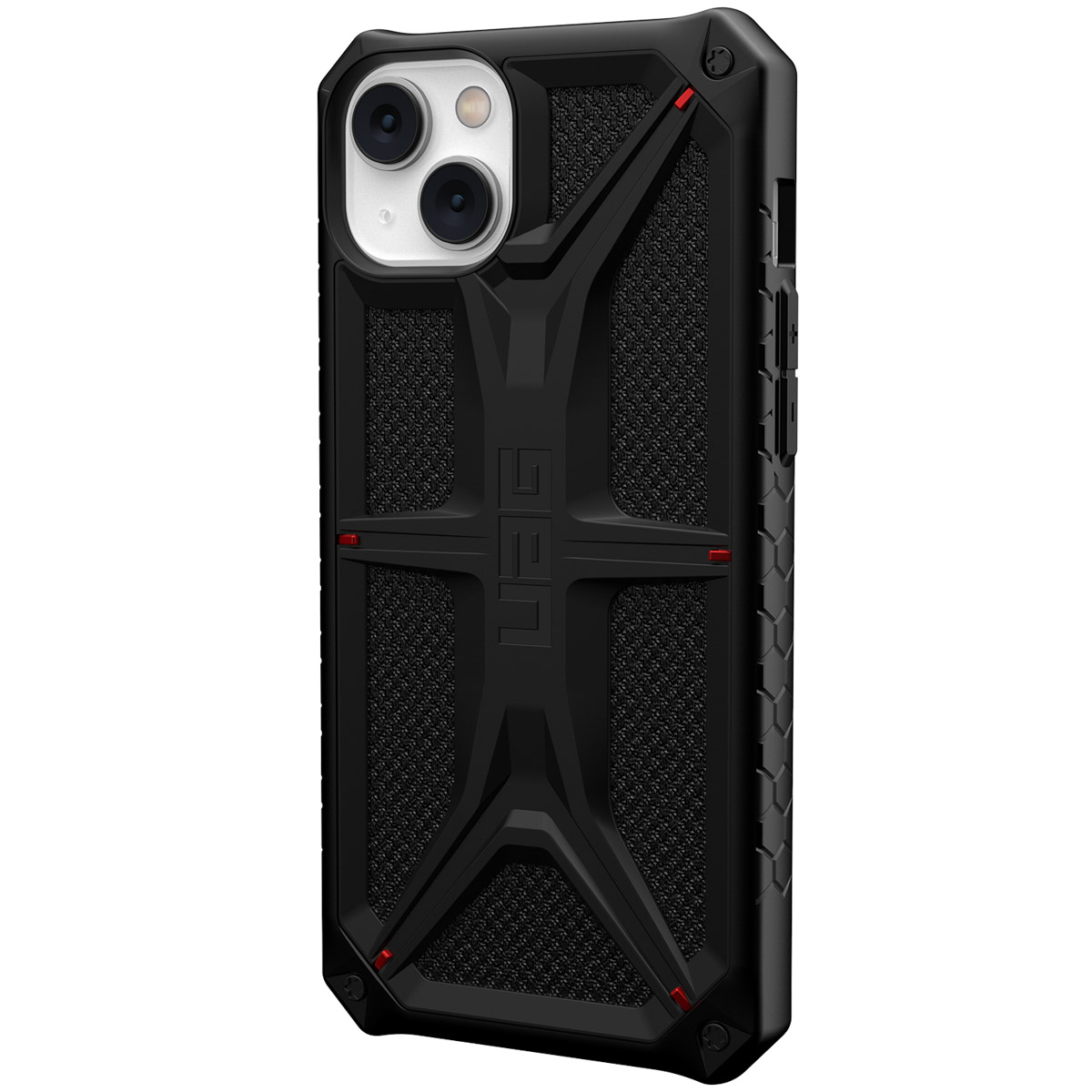 Schwarze iPhone-Hülle mit roten Akzenten und strukturiertem Design. Weißer Hintergrund.