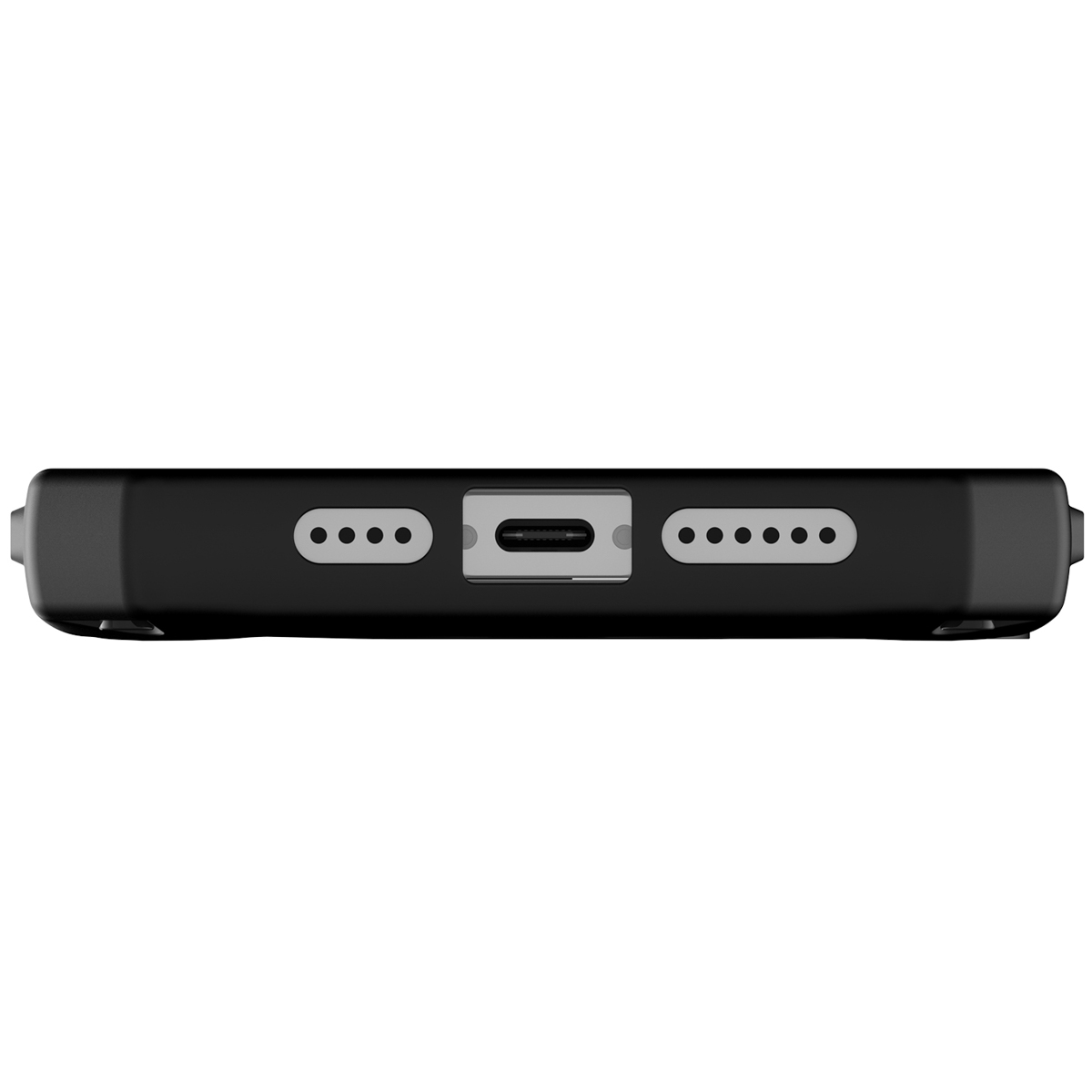 Nahaufnahme einer schwarzen Handyhüllenbasis mit USB-C-Anschluss und Lautsprecherlöchern.
