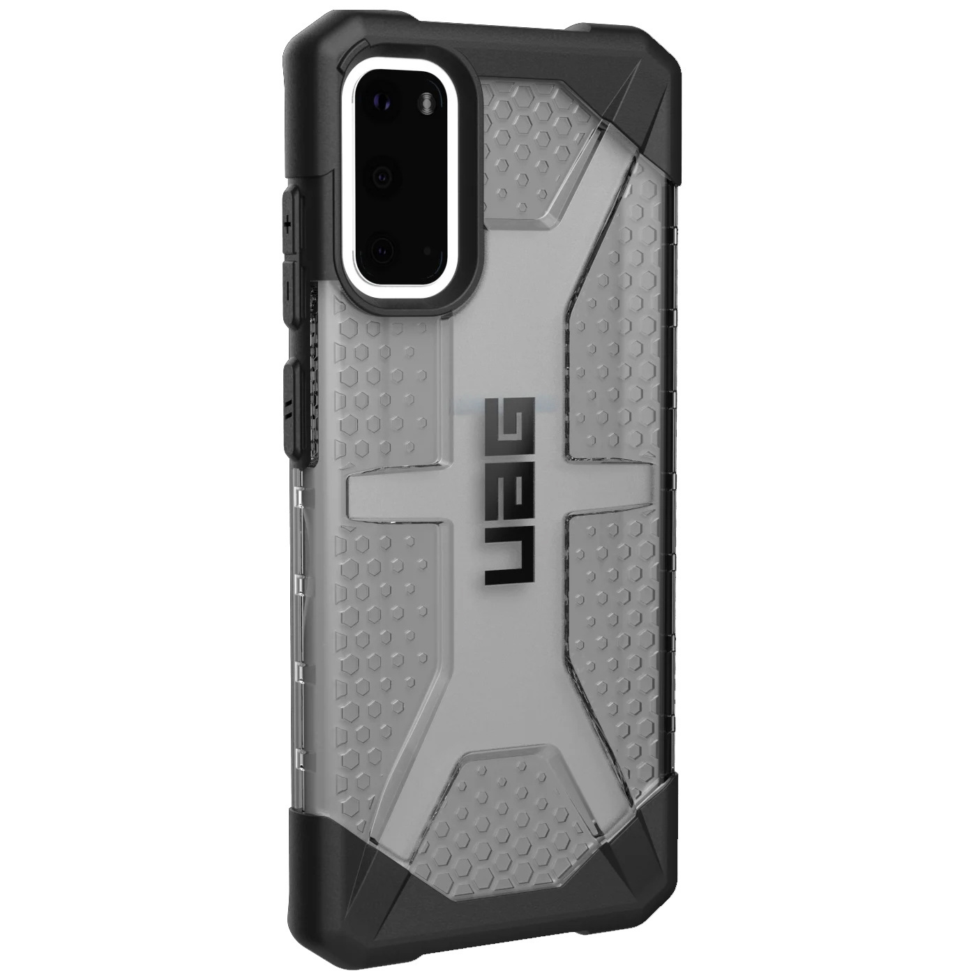 Schwarze und graue Handyhülle. Sie hat ein UAG-Logo und eine klare Rückseite.